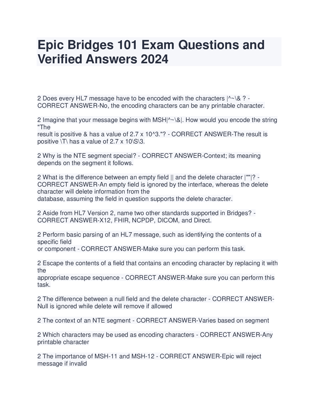 Preview of Epic Bridges 101 Exam Questions and Verified Answers 2024