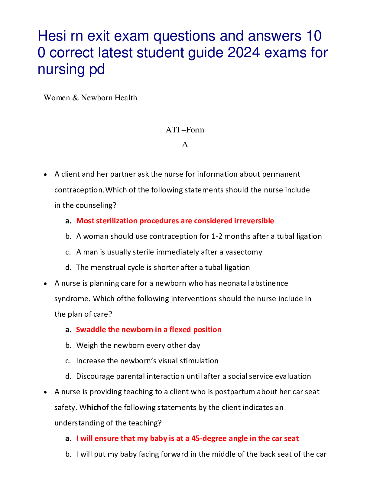 Preview image for Hesi rn exit exam questions and answers 10 0 correct latest student guide 2024 exams for  nursing pd