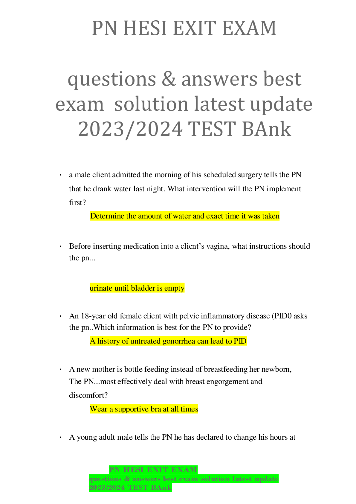 PN HESI EXIT EXAM questions & answers best  exam solution latest update  2023/2024 TEST BAnk