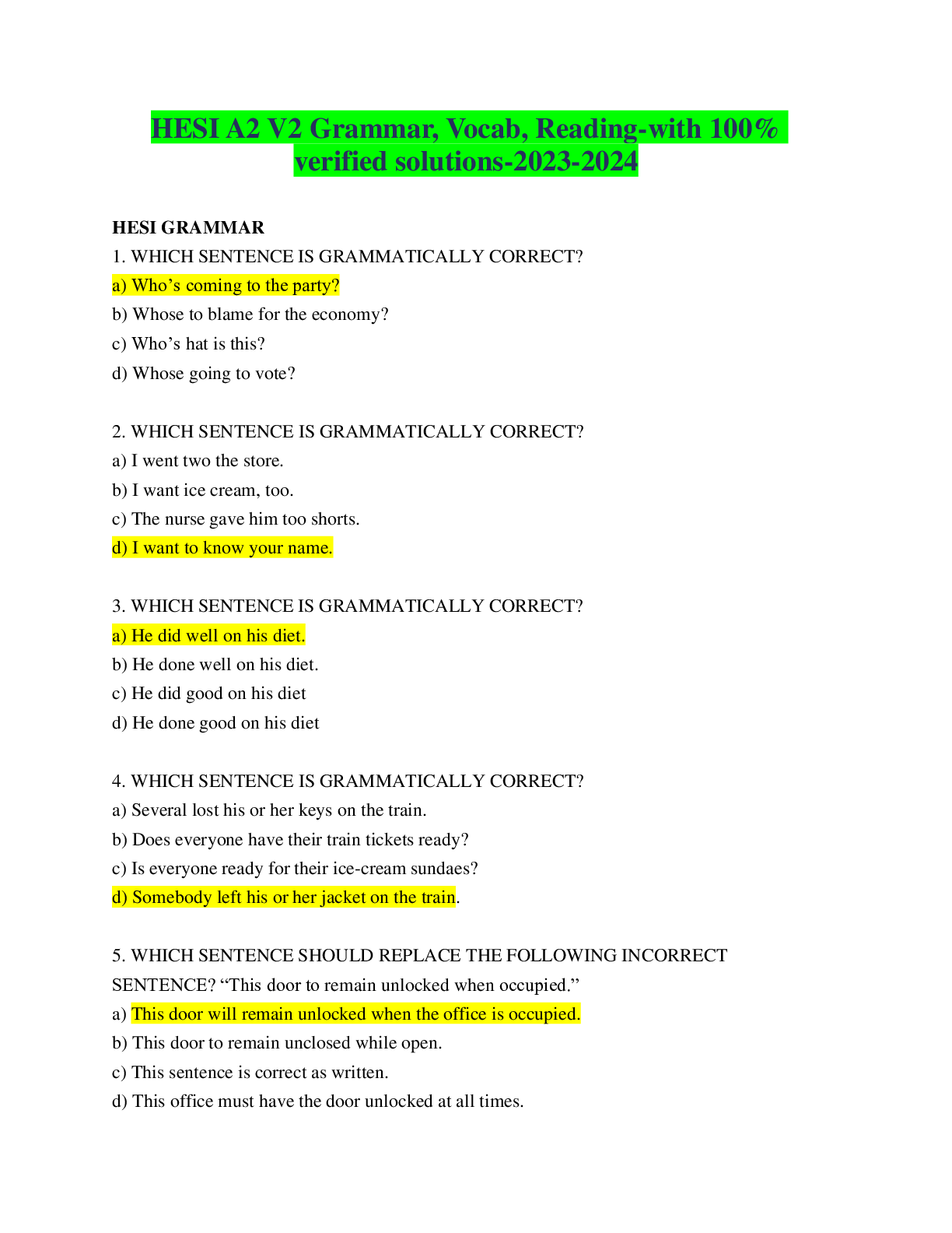 Preview of HESI A2 V2 Grammar, Vocab, Reading-with 100% verified solutions-2023-2024