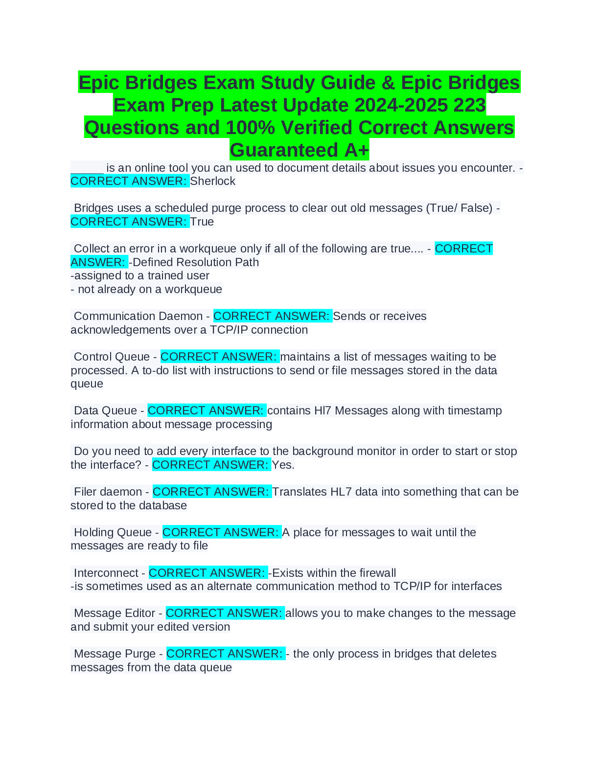Preview of Epic Bridges Exam Study Guide &amp; Epic Bridges Exam Prep Latest Update 2024-2025 223 Questions and 100% Verified Correct Answers Guaranteed A+
