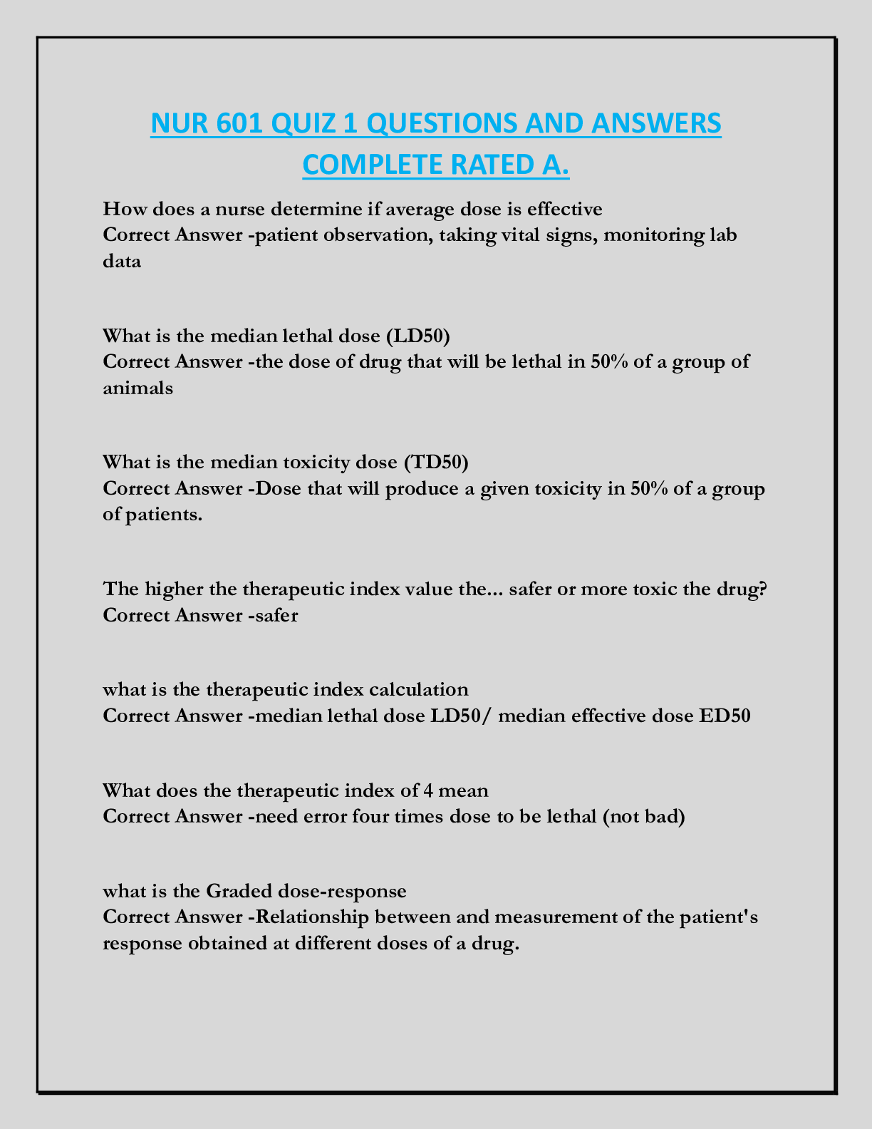 NUR 601 QUIZ 1 QUESTIONS AND ANSWERS  COMPLETE RATED A.
