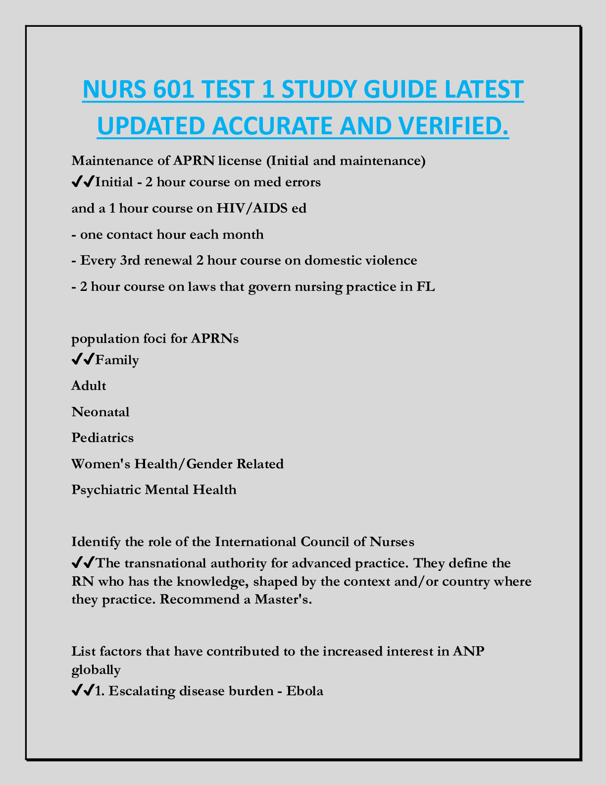 Preview of NURS 601 TEST 1 STUDY GUIDE LATEST  UPDATED ACCURATE AND VERIFIED.