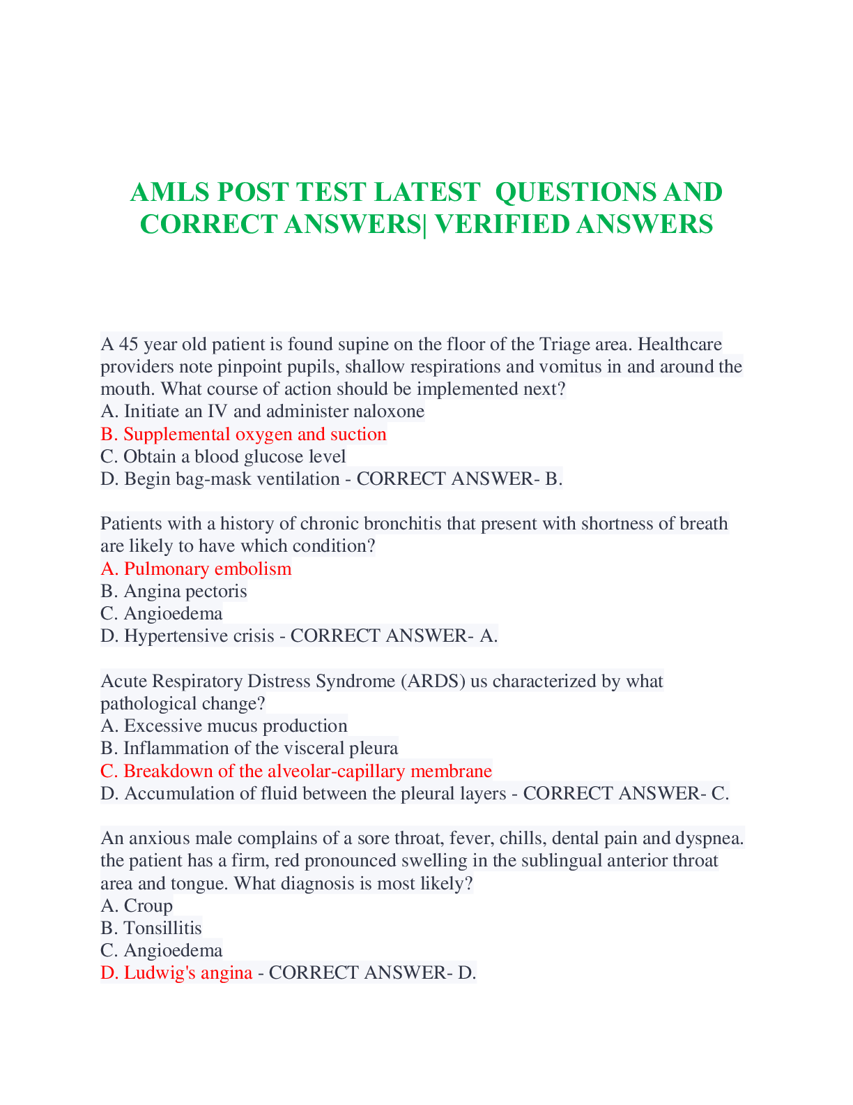 Preview image for AMLS POST TEST LATEST QUESTIONS AND CORRECT ANSWERS| VERIFIED ANSWERS