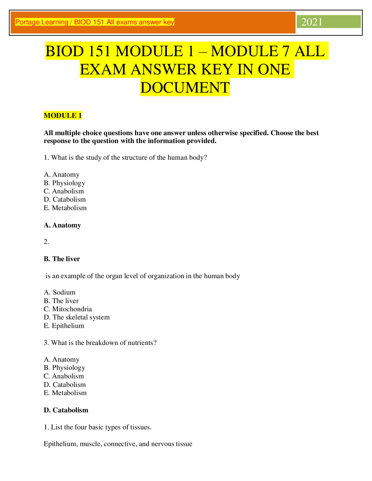 Preview image for BIOD 151 MODULE 1 – MODULE 7 ALL EXAM ANSWER KEY IN ONE DOCUMENT