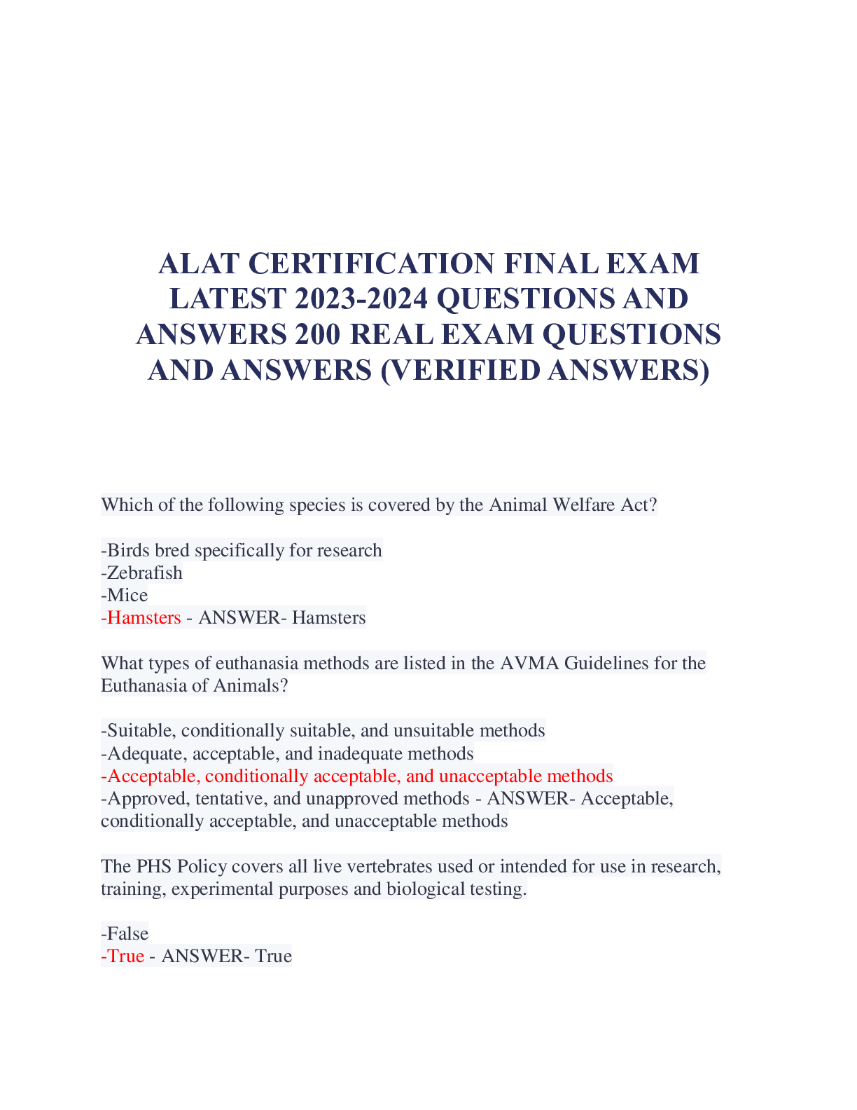 Preview image for ALAT CERTIFICATION FINAL EXAM LATEST 2023-2024 QUESTIONS AND ANSWERS 200 REAL EXAM QUESTIONS AND ANSWERS (VERIFIED ANSWERS