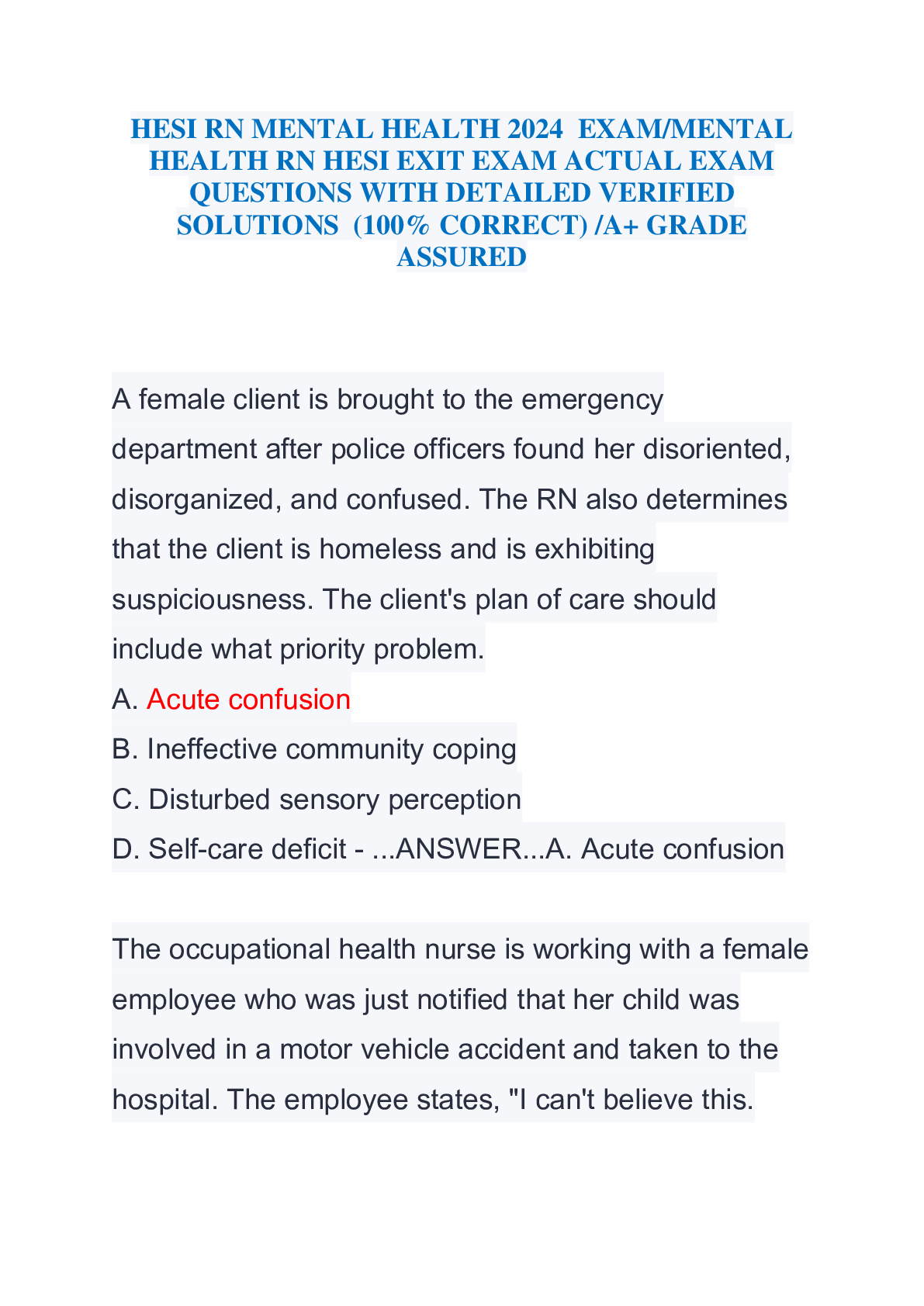 Recommended document preview for HESI RN MENTAL HEALTH 2024 EXAMMENTAL HEALTH RN HESI EXIT EXAM ACTUAL EXAM QUESTIONS WITH DETAILED VERIFIED SOLUTIONS (100% CORRECT) A+ GRADE ASSURED