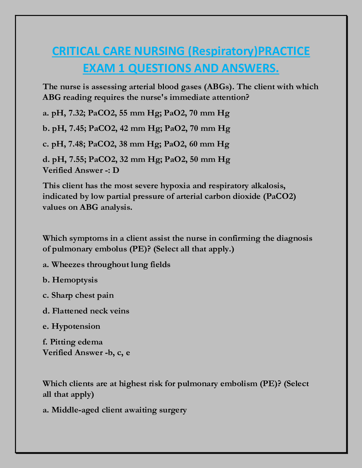 Preview of CRITICAL CARE NURSING (Respiratory)PRACTICE  EXAM 1 QUESTIONS AND ANSWERS.