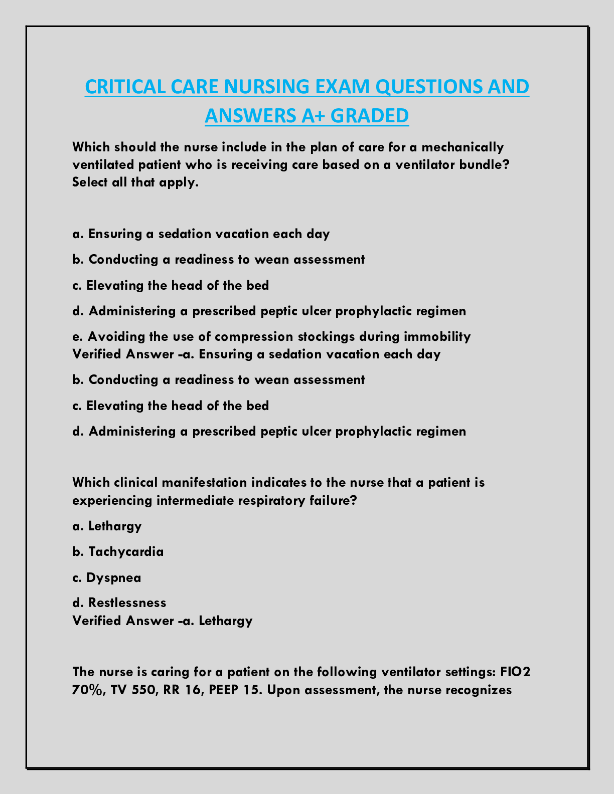 Preview of CRITICAL CARE NURSING EXAM QUESTIONS AND  ANSWERS A+ GRADED