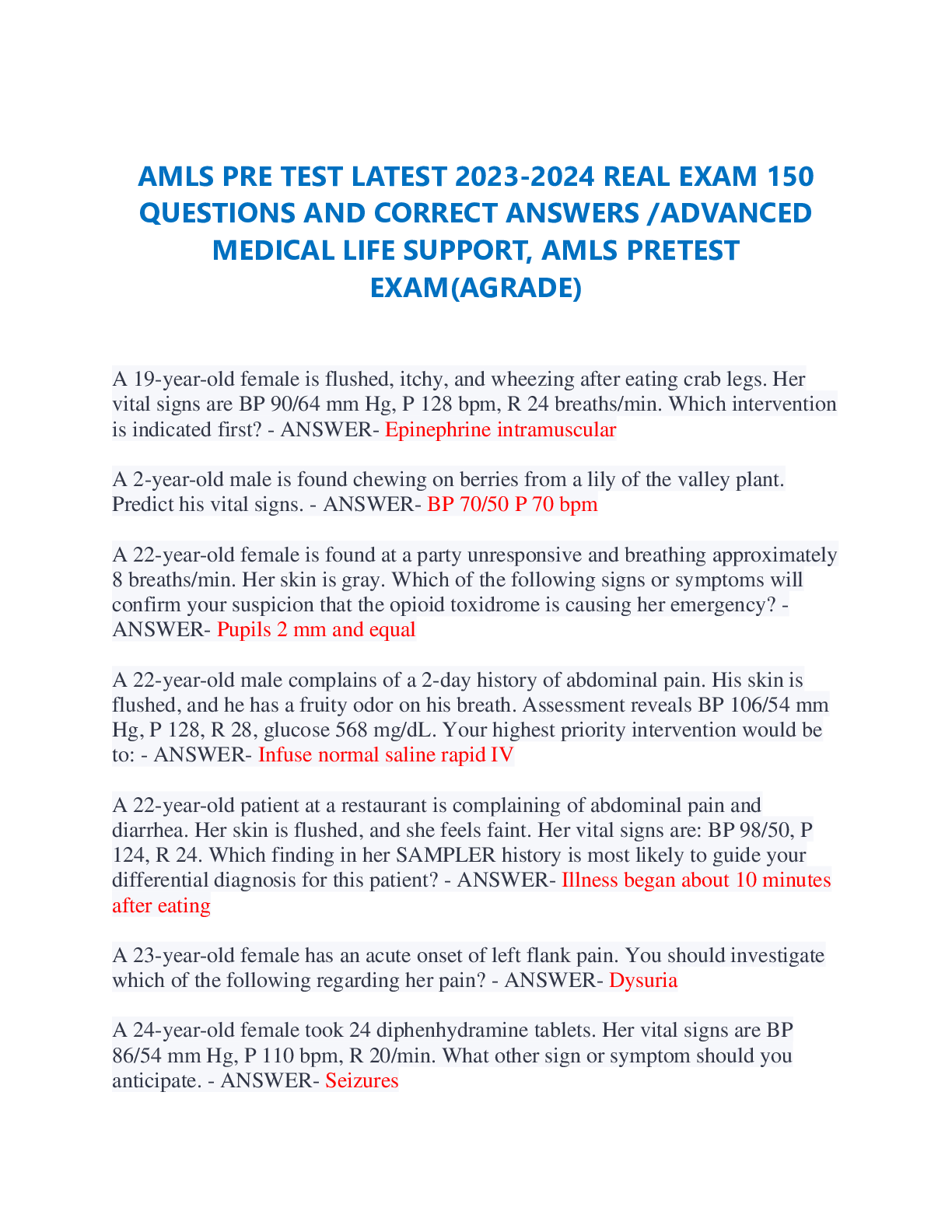 Preview image for AMLS PRE TEST LATEST 2023-2024 REAL EXAM 150 QUESTIONS AND CORRECT ANSWERS /ADVANCED MEDICAL LIFE SUPPORT, AMLS PRETEST EXAM(AGRADE)