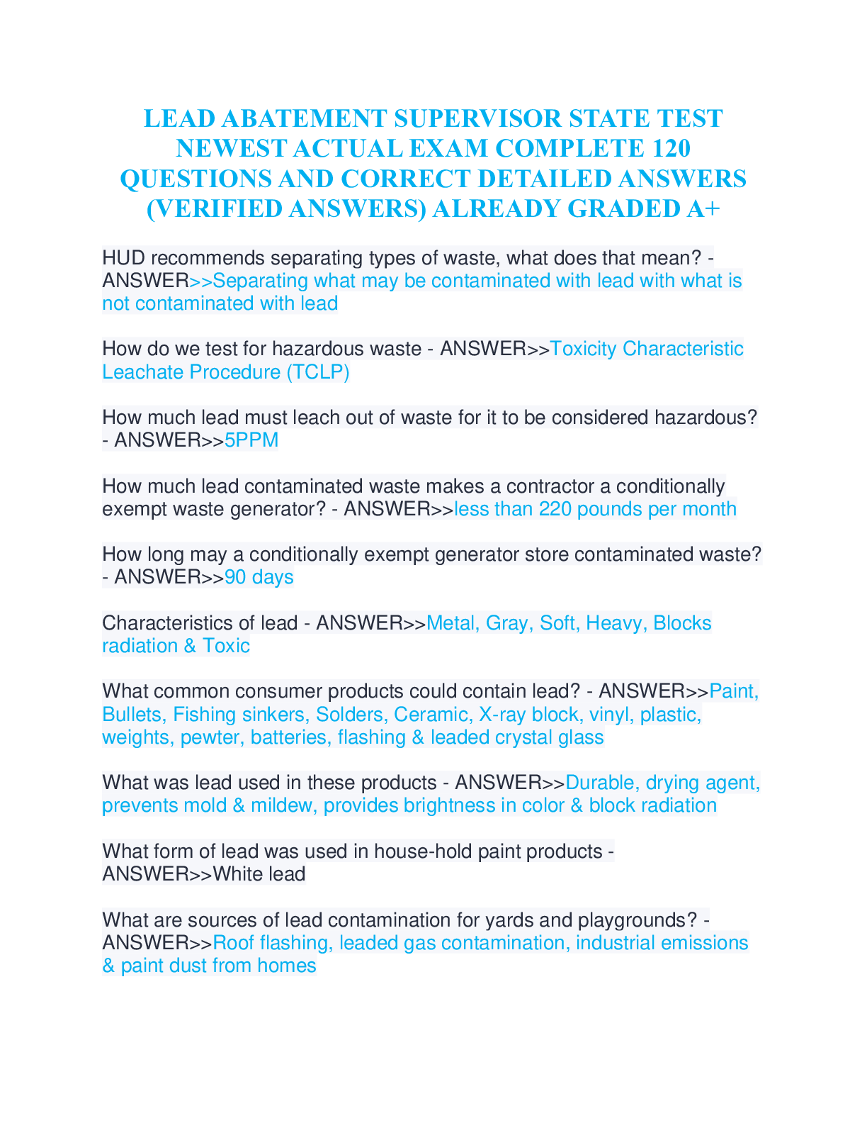 LEAD ABATEMENT SUPERVISOR STATE TEST NEWEST ACTUAL EXAM COMPLETE 120 QUESTIONS AND CORRECT DETAILED ANSWERS (VERIFIED ANSWERS) ALREADY GRADED A+