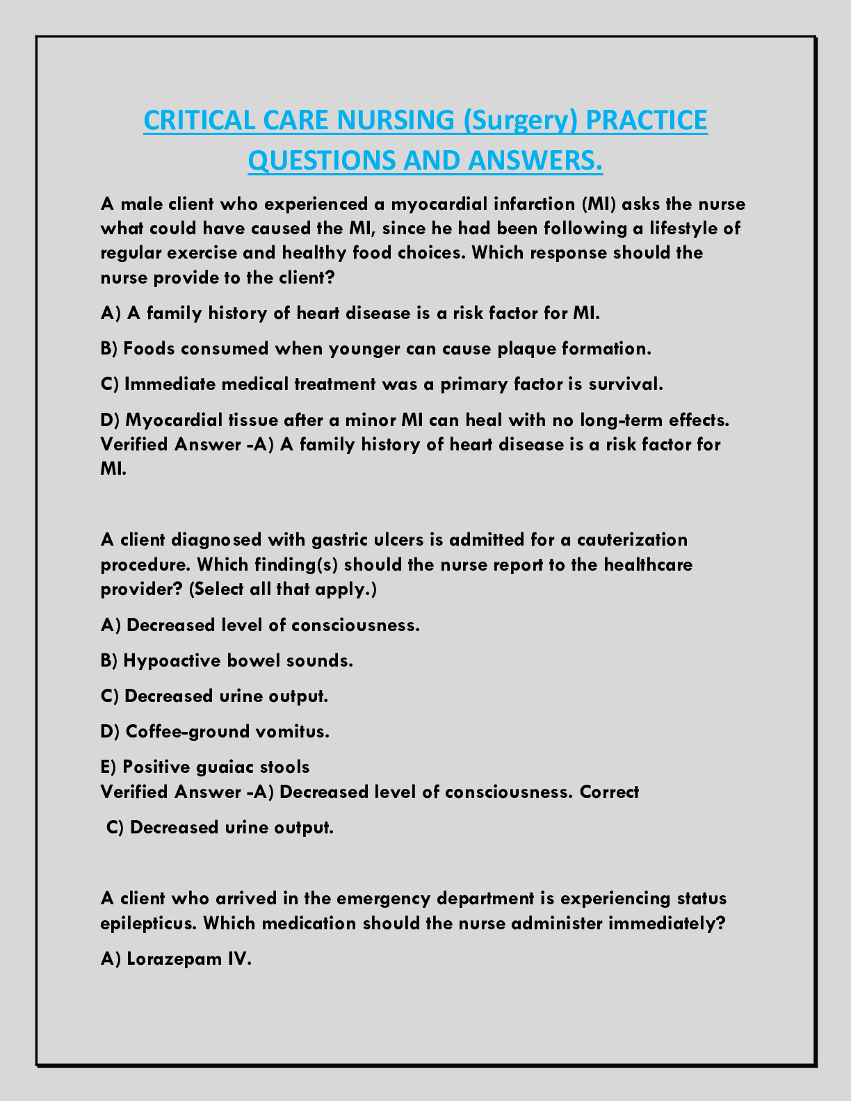 Preview of CRITICAL CARE NURSING (Surgery) PRACTICE  QUESTIONS AND ANSWERS.