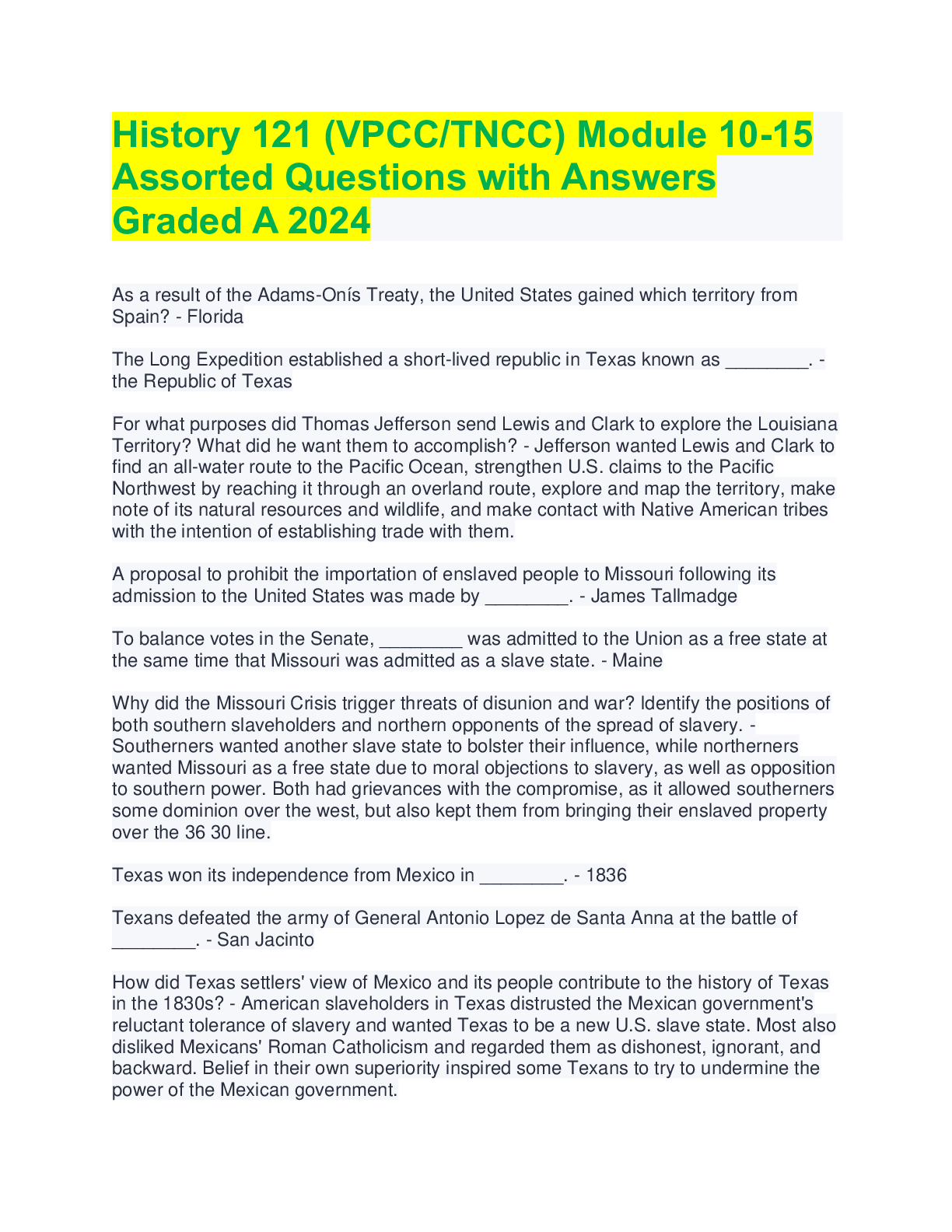 Preview of History 121 (VPCCTNCC) Module 10-15 Assorted Questions with Answers Graded A 2024