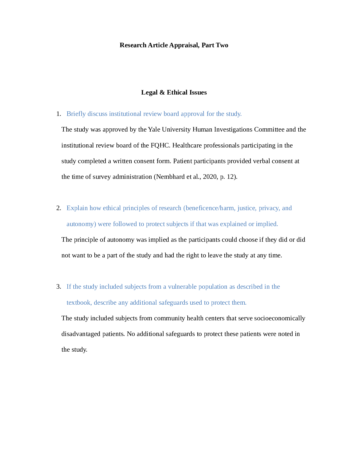 NURS 5366 Research Article Appraisal Part Two | University of Texas, Arlington