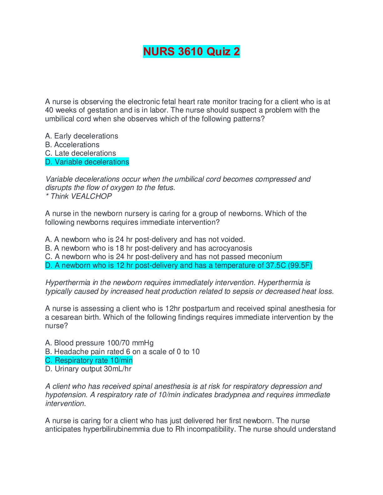 Preview of NURS 3610 Quiz 2 | Questions, Answers and Rationales