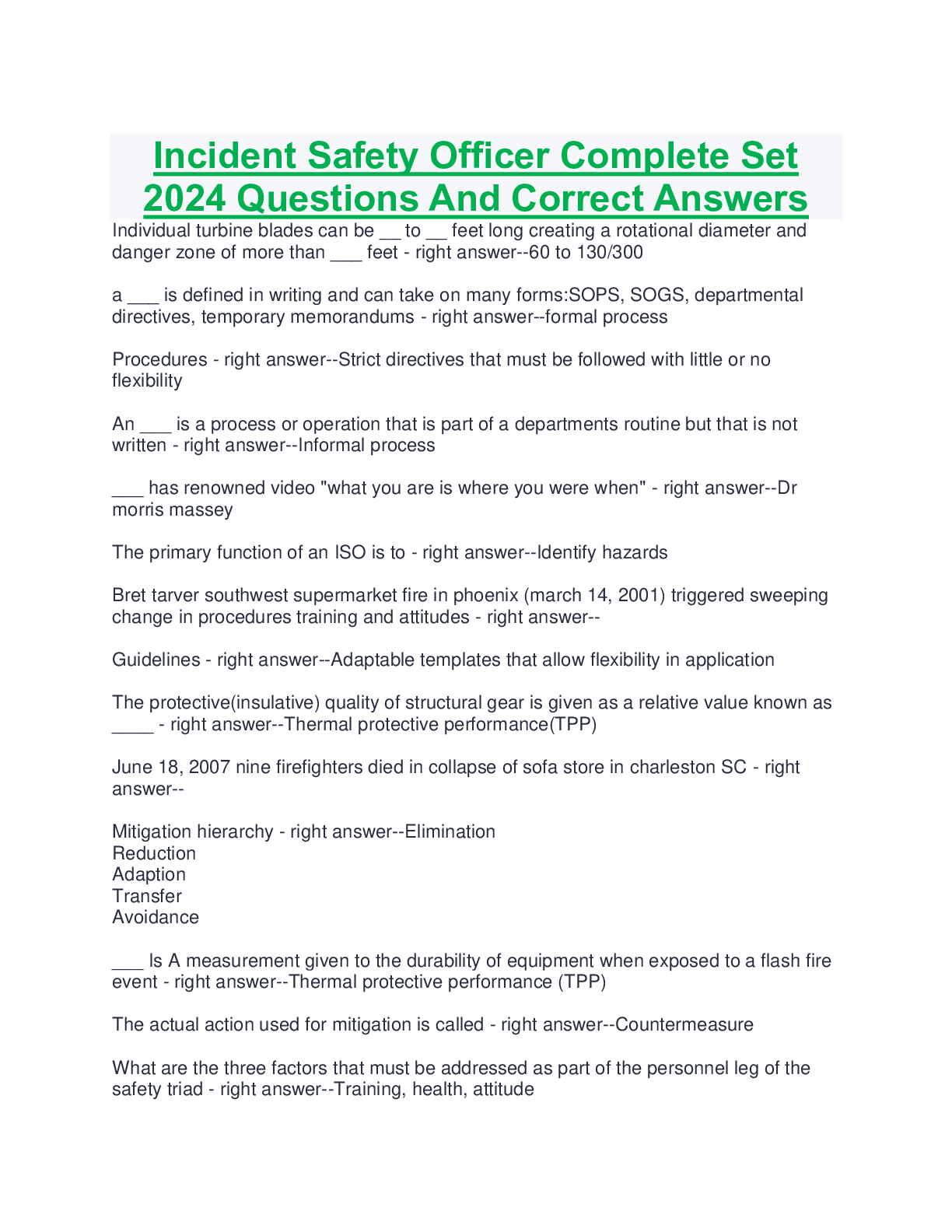 Preview of Incident Safety Officer Complete Set 2024 Questions And Correct Answers