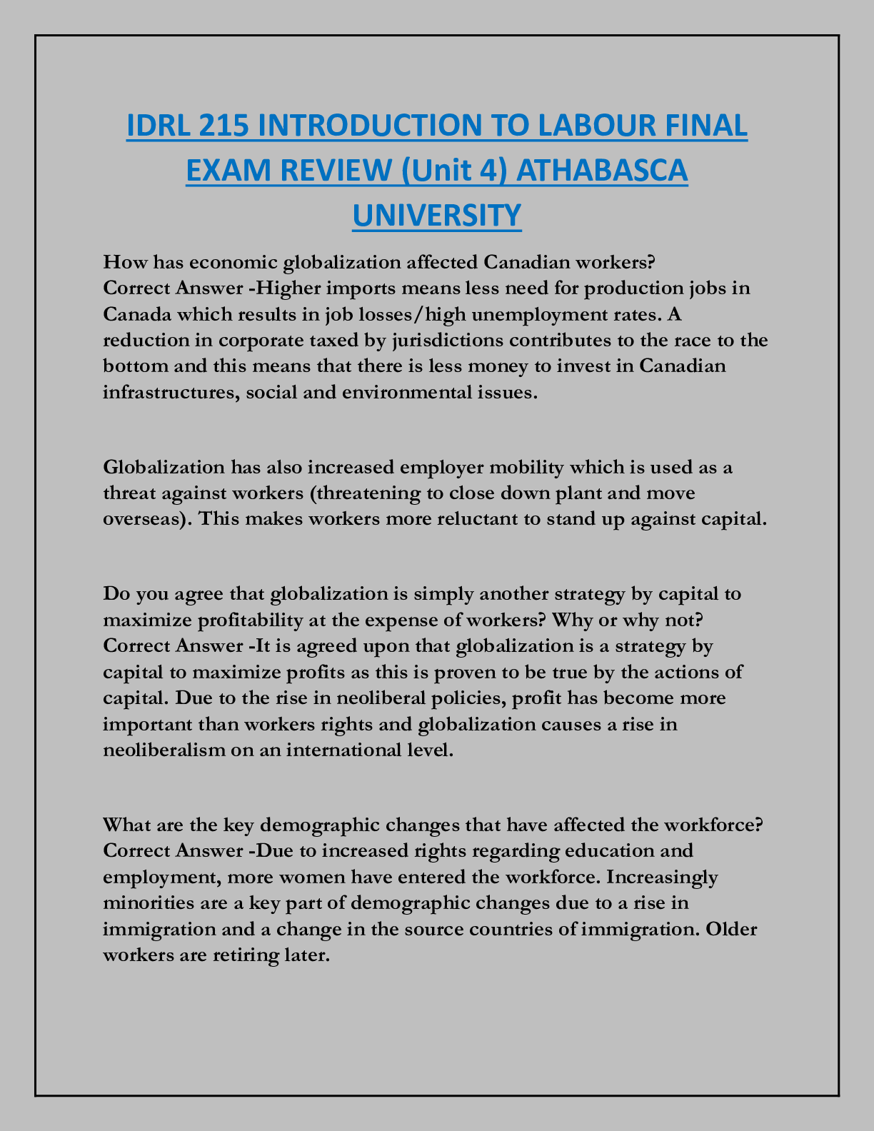 IDRL 215 INTRODUCTION TO LABOUR FINAL  EXAM REVIEW (Unit 4) ATHABASCA  UNIVERSITY