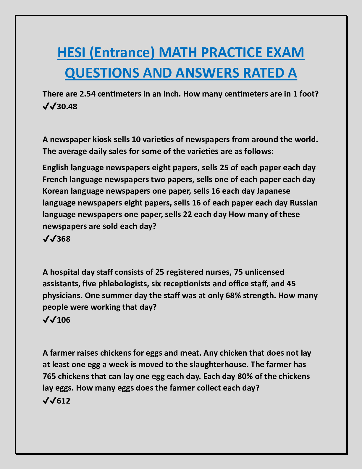 HESI (Entrance) MATH PRACTICE EXAM  QUESTIONS AND ANSWERS RATED A