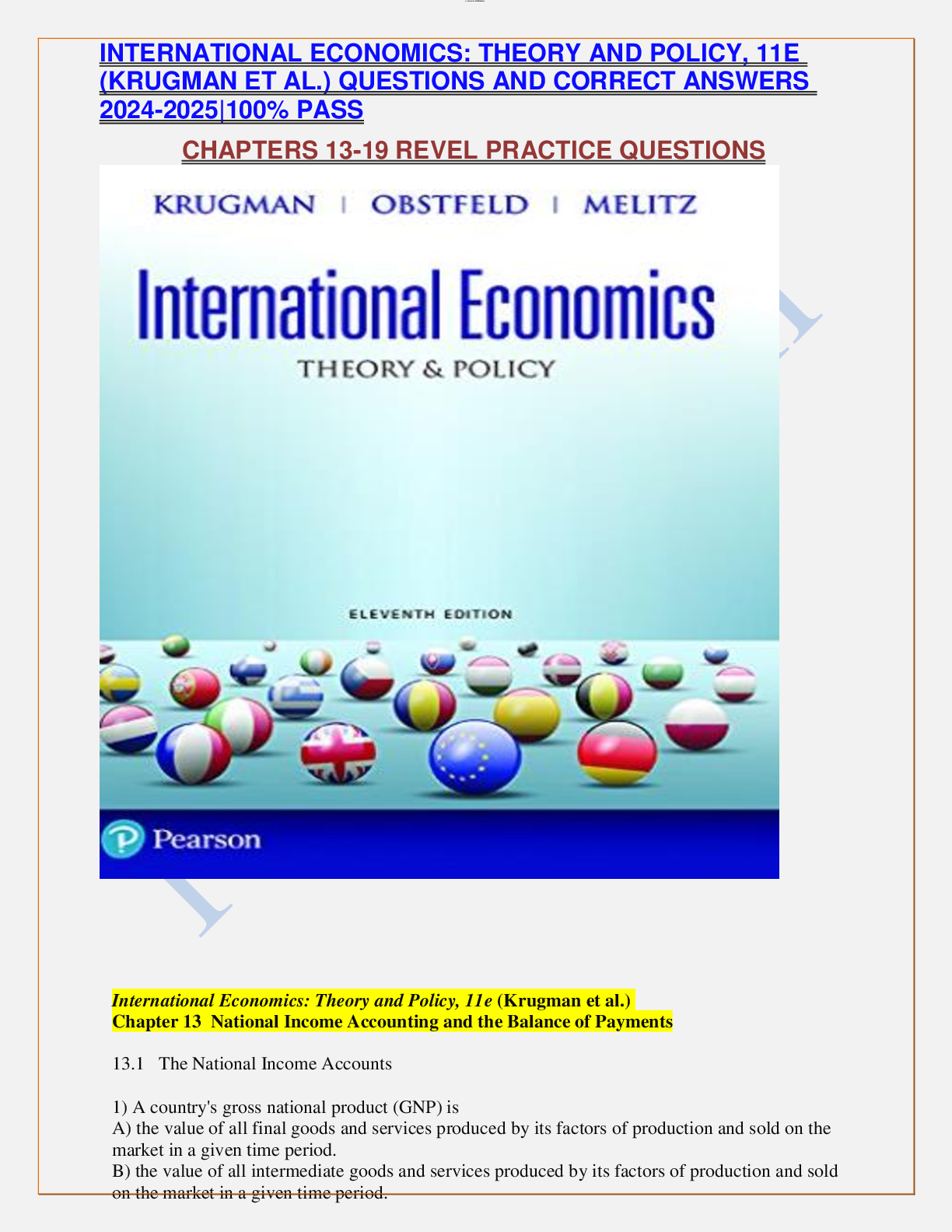 Preview of INTERNATIONAL ECONOMICS: THEORY AND POLICY, 11E (KRUGMAN ET AL.) QUESTIONS AND CORRECT ANSWERS 2024-2025|100% PASS CHAPTERS 13-19 REVEL PRACTICE QUESTIONS