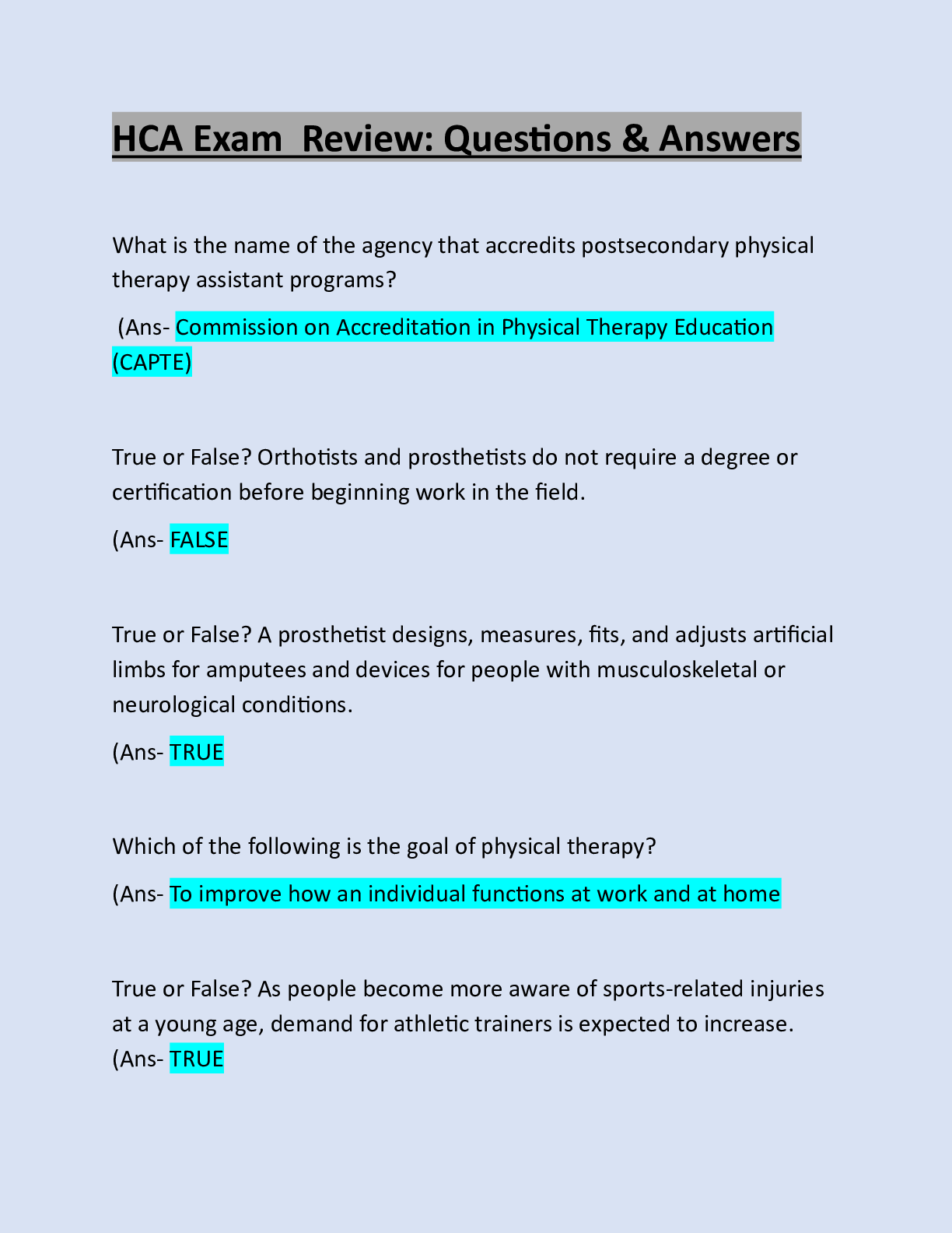 Preview image for HCA Exam Review: Questions & Answers: Latest Updated
