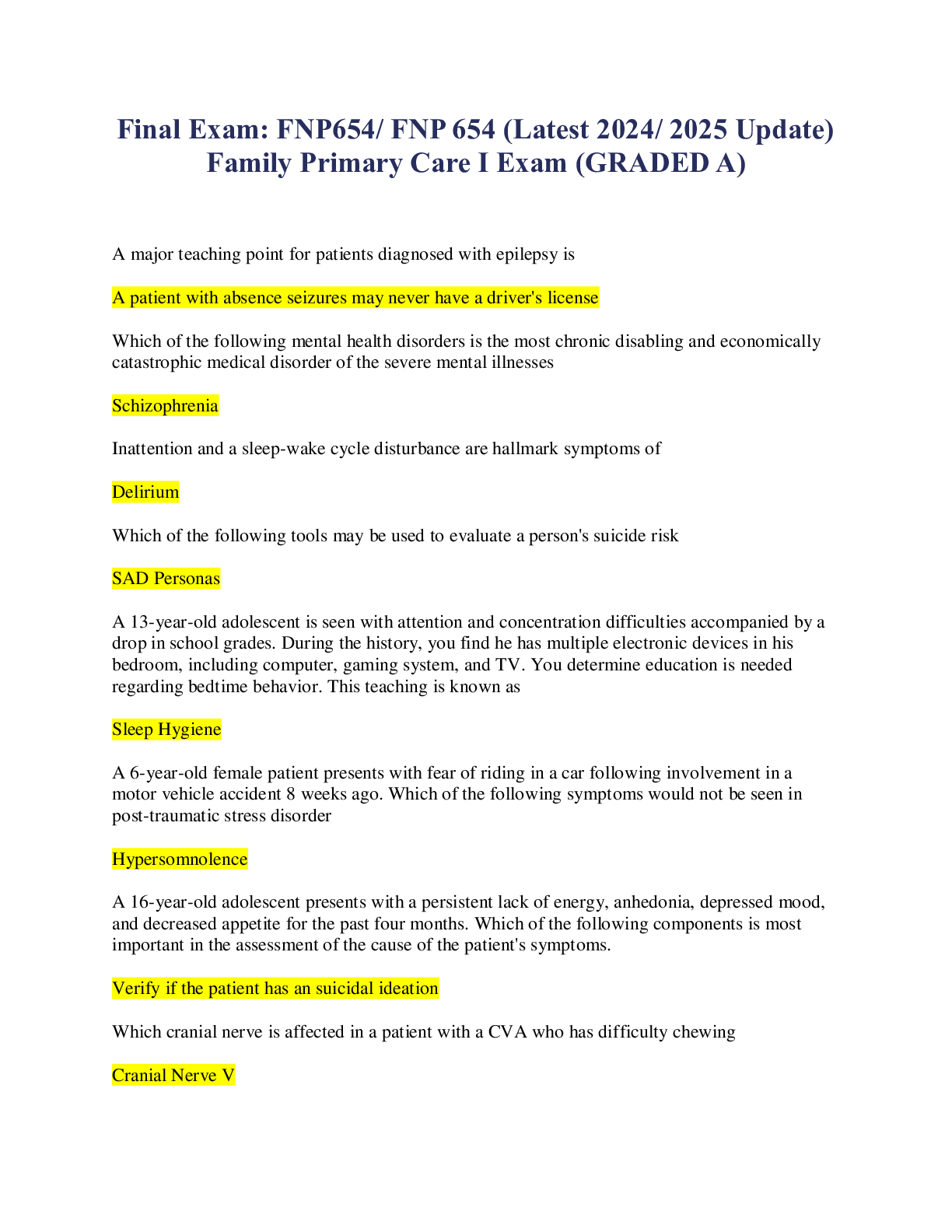 Preview of Final Exam FNP654 FNP 654 (Latest 2024 2025 Update) Family Primary Care I Exam (GRADED A)