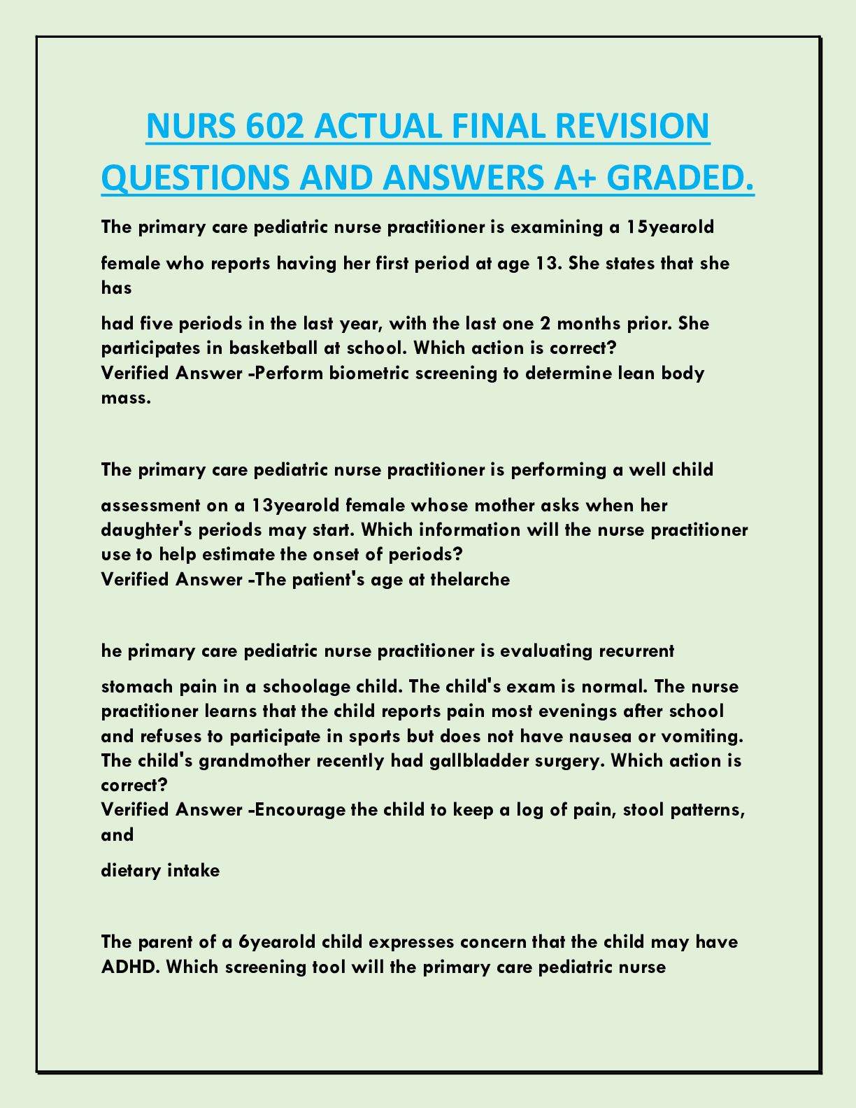 NURS 602 ACTUAL FINAL REVISION  QUESTIONS AND ANSWERS A+ GRADED