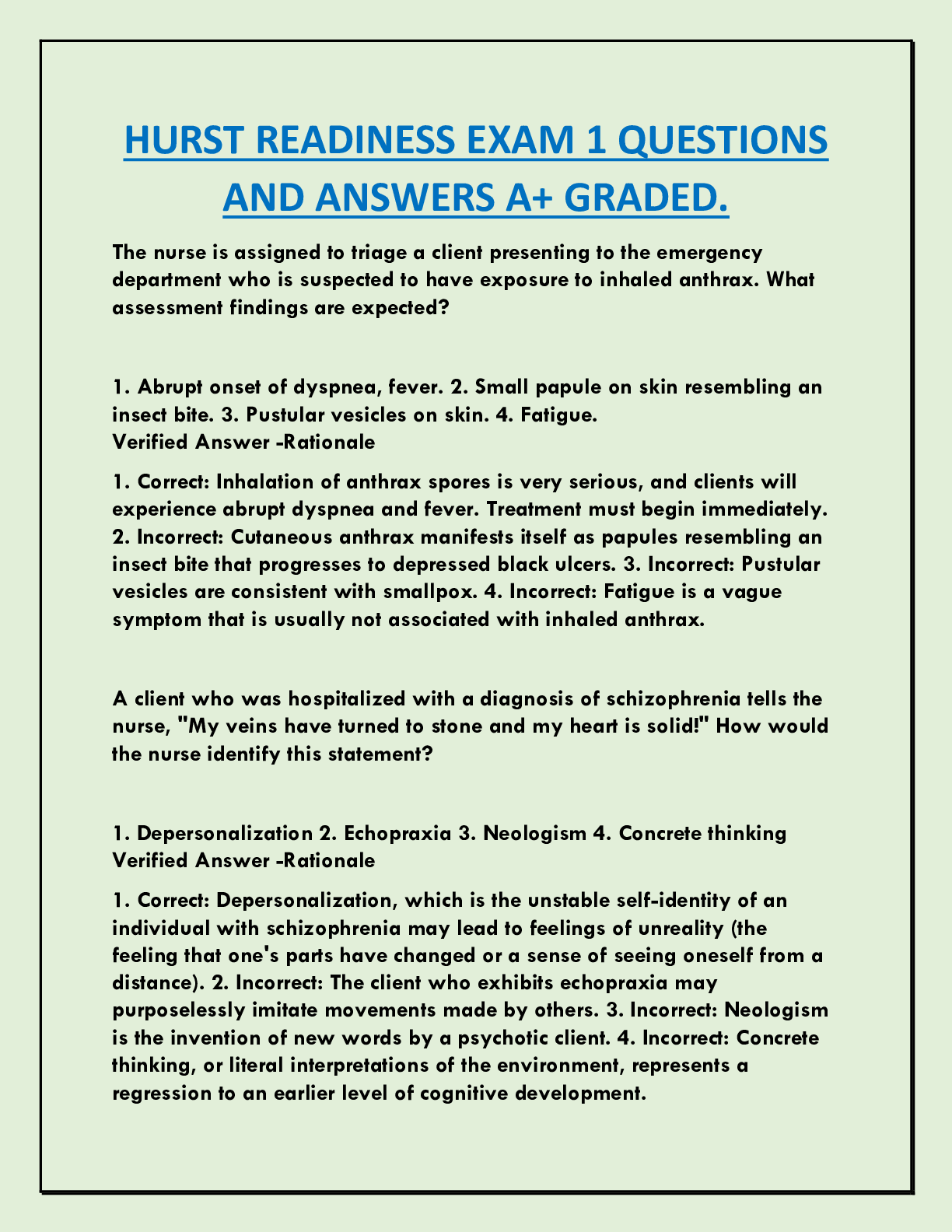 HURST READINESS EXAM 1 QUESTIONS  AND ANSWERS A+ GRADED.
