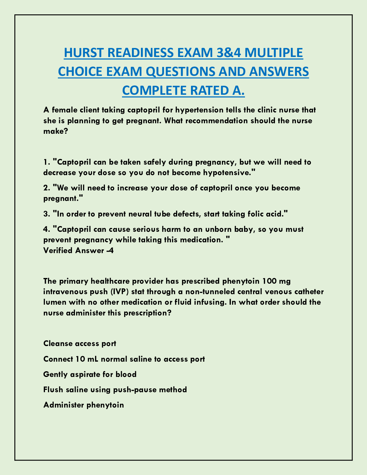 HURST READINESS EXAM 3&4 MULTIPLE  CHOICE EXAM QUESTIONS AND ANSWERS  COMPLETE RATED A.