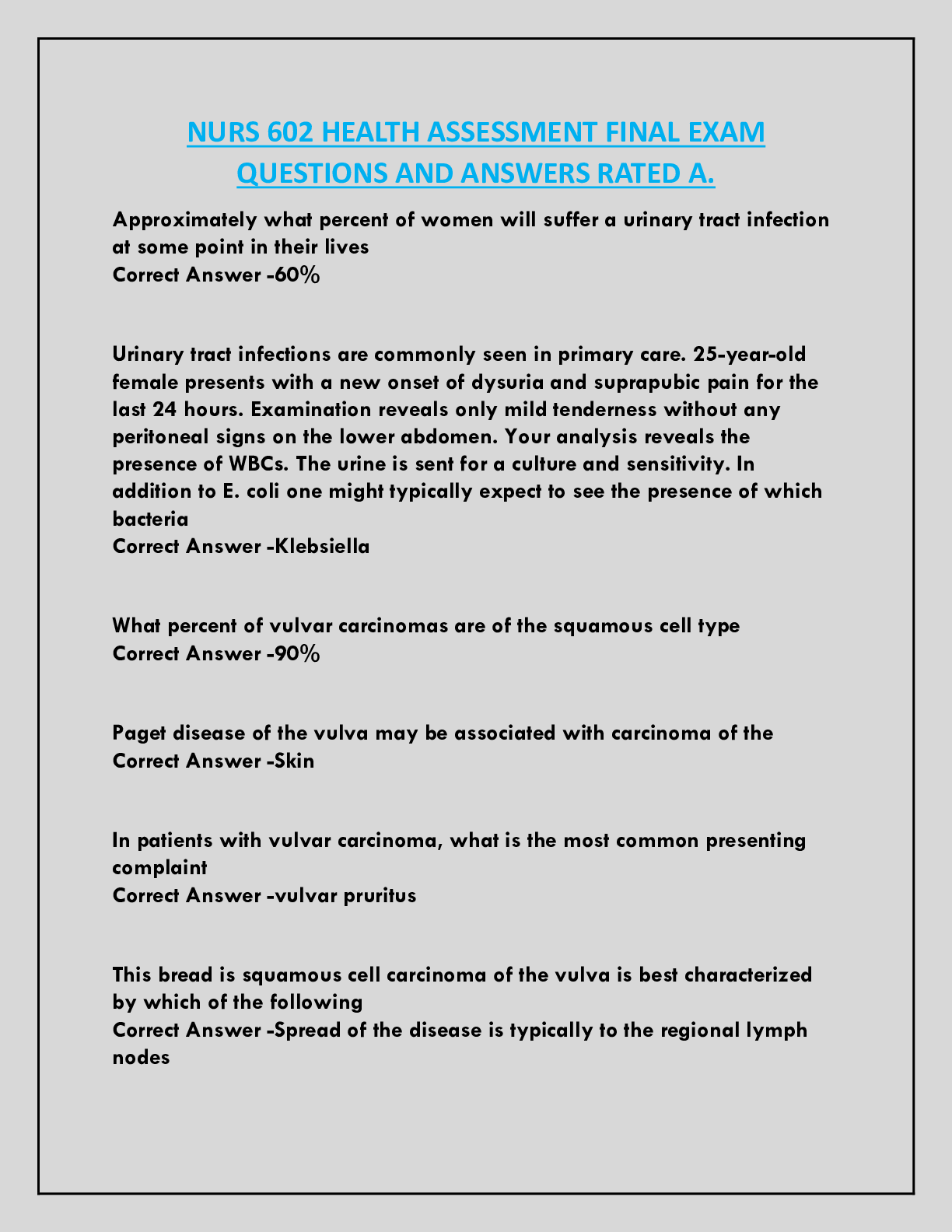 Preview of NURS 602 HEALTH ASSESSMENT FINAL EXAM  QUESTIONS AND ANSWERS RATED A.