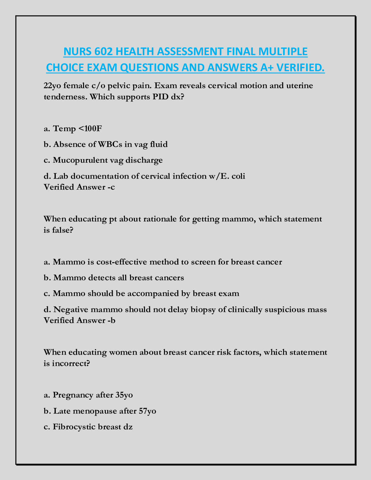 NURS 602 HEALTH ASSESSMENT FINAL MULTIPLE  CHOICE EXAM QUESTIONS AND ANSWERS A+ VERIFIED.