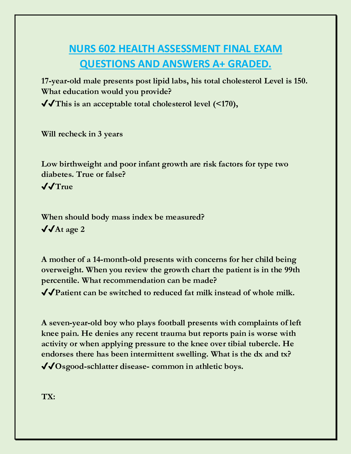 Preview of NURS 602 HEALTH ASSESSMENT FINAL EXAM  QUESTIONS AND ANSWERS A+ GRADED.