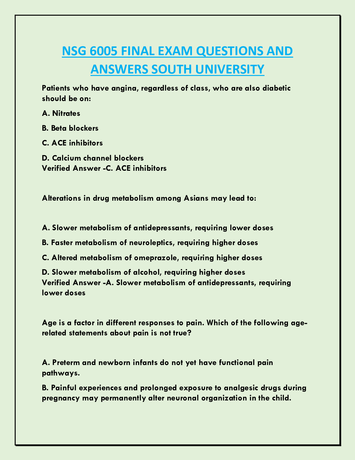 NSG 6005 FINAL EXAM QUESTIONS AND  ANSWERS SOUTH UNIVERSITY