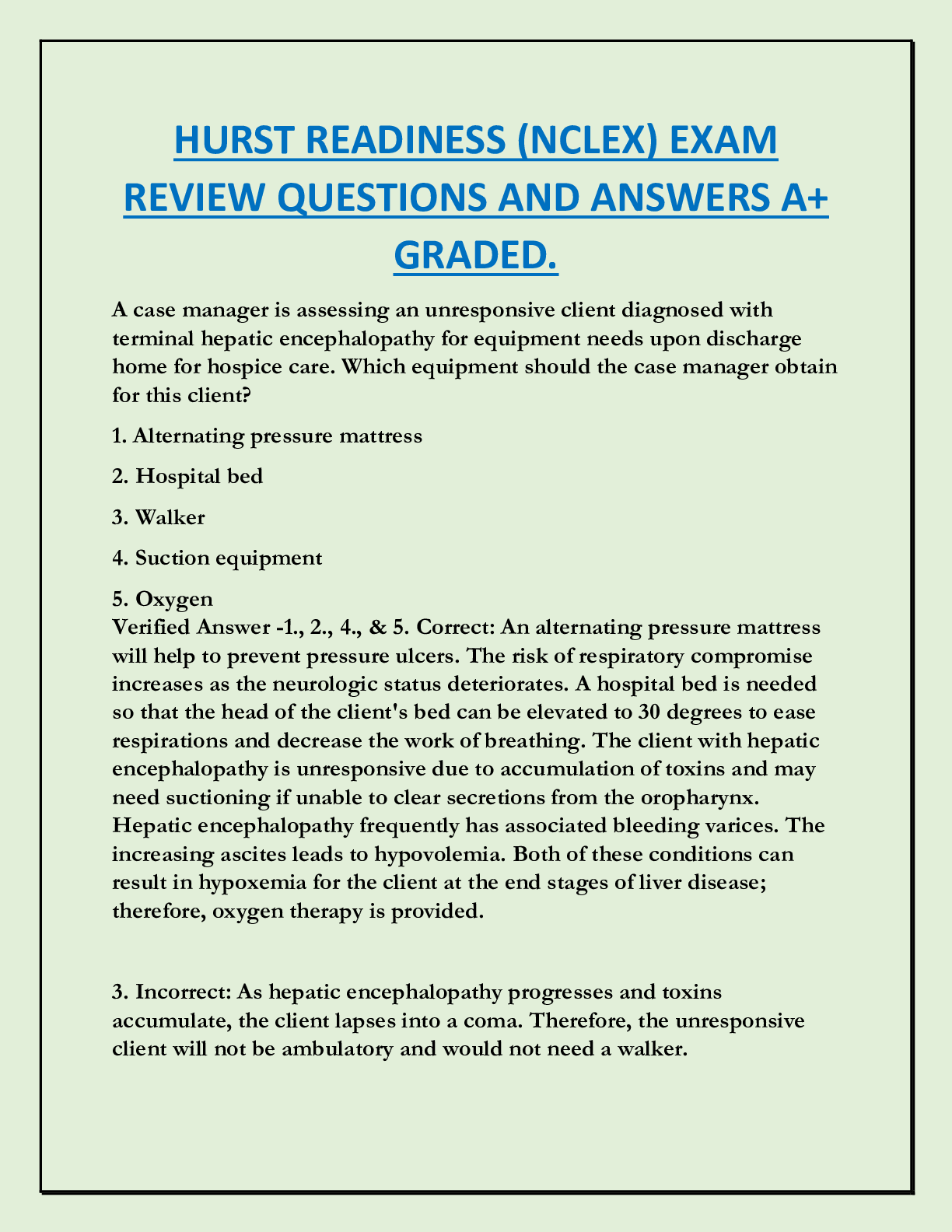 HURST READINESS (NCLEX) EXAM  REVIEW QUESTIONS AND ANSWERS A+  GRADED.