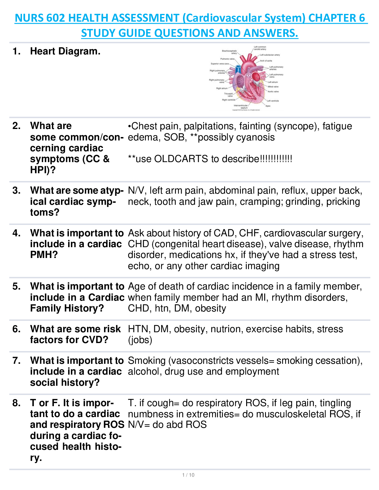 NURS 602 HEALTH ASSESSMENT (Cardiovascular System) CHAPTER 6  STUDY GUIDE QUESTIONS AND ANSWERS.