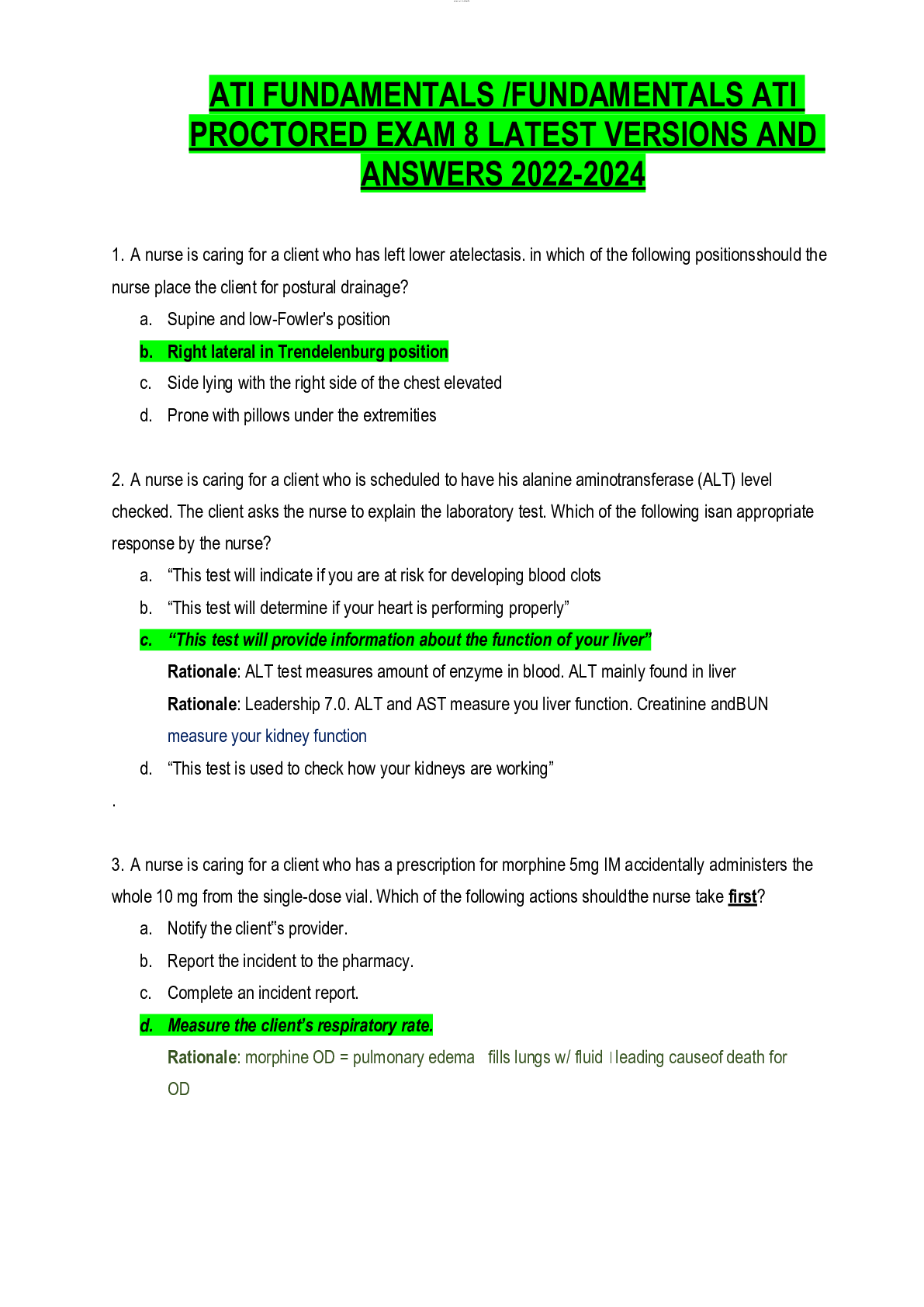 Preview image for ATI FUNDAMENTALS /FUNDAMENTALS ATI PROCTORED EXAM 8 LATEST VERSIONS AND ANSWERS 2022-2024