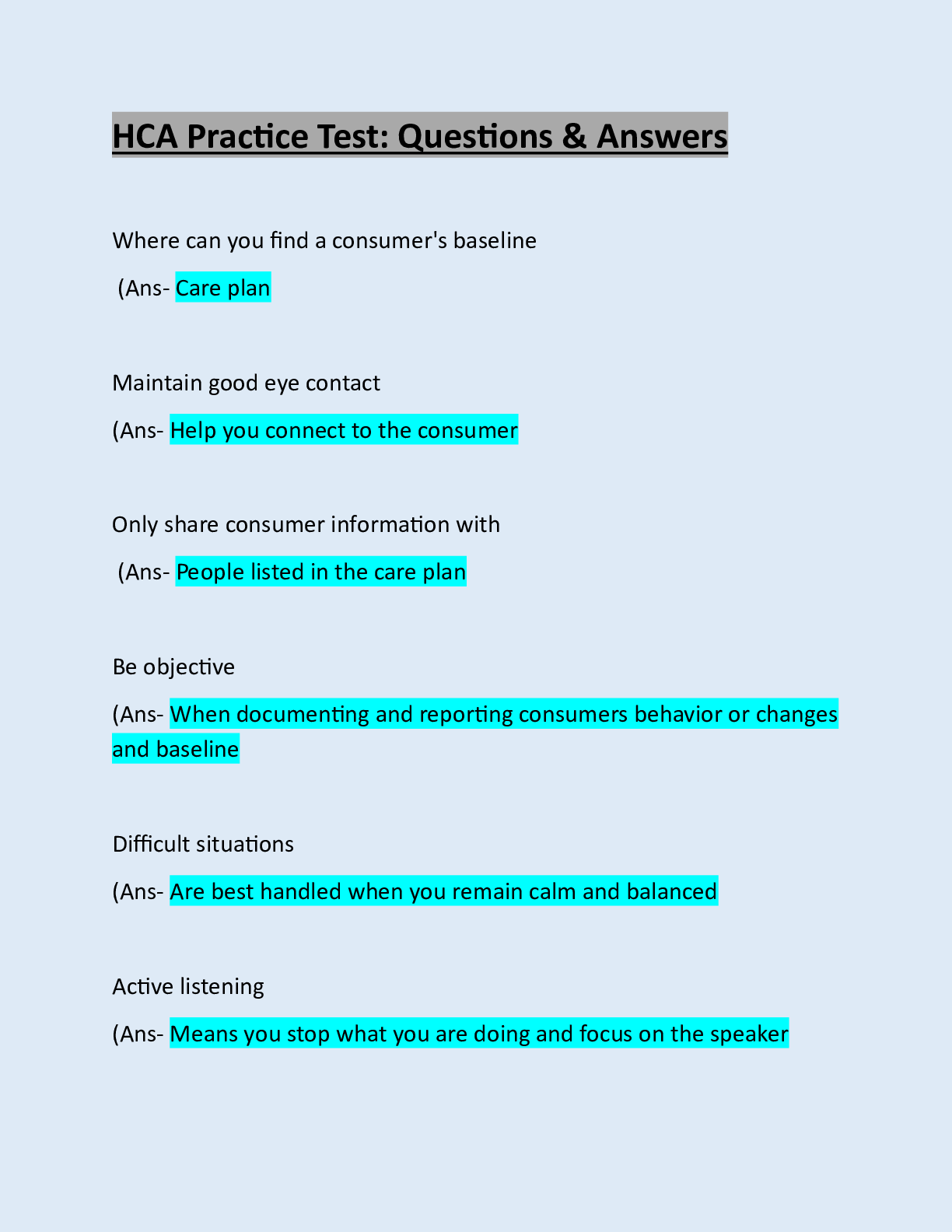 Preview image for HCA: HCA Practice Exam : Questions & Answers: Updated A Plus Guide Solution