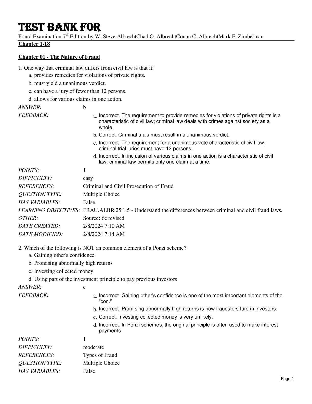 Preview of Test Bank For Fraud Examination 7th Edition by W. Steve AlbrechtChad O. AlbrechtConan C. A