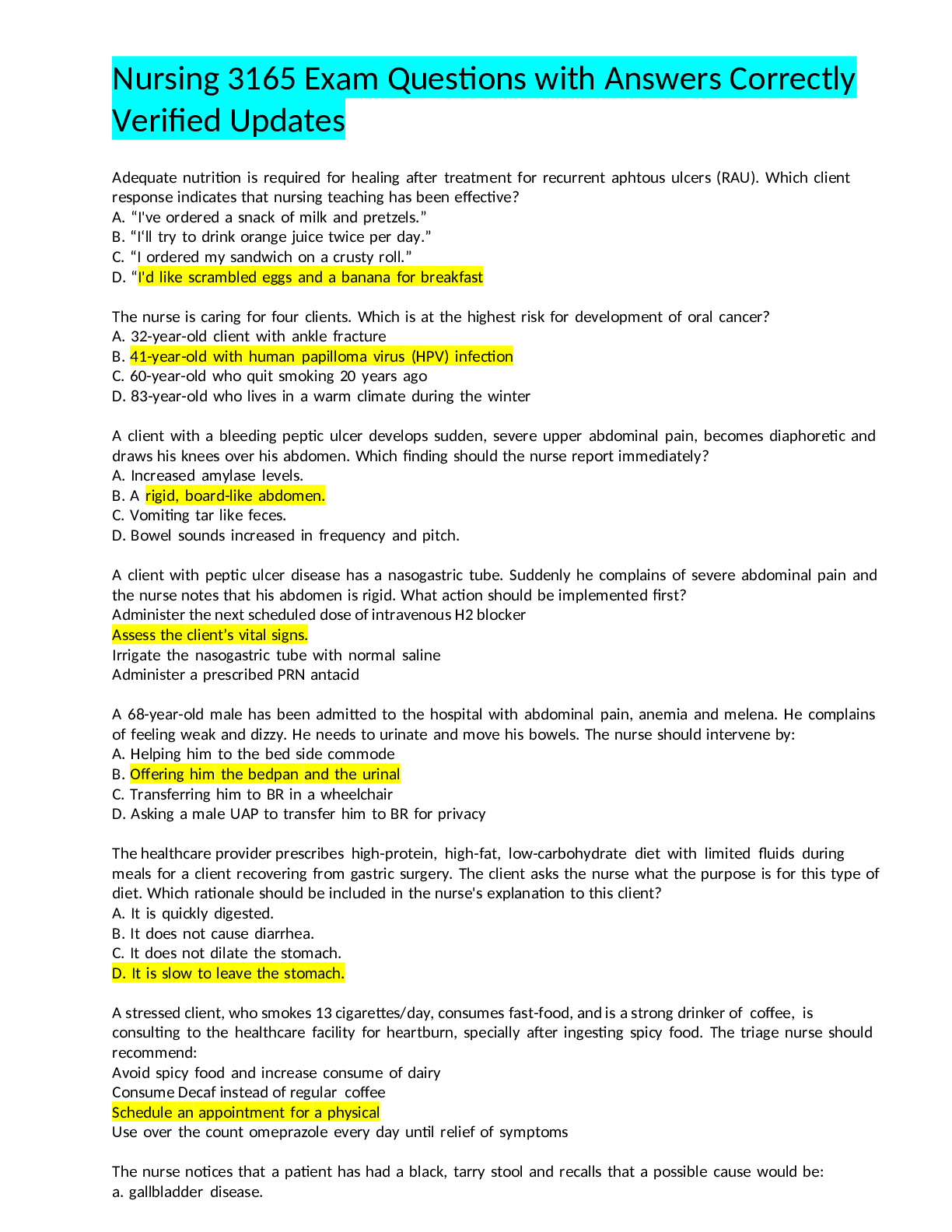 Preview of Nursing 3165 Exam Questions with Answers Correctly