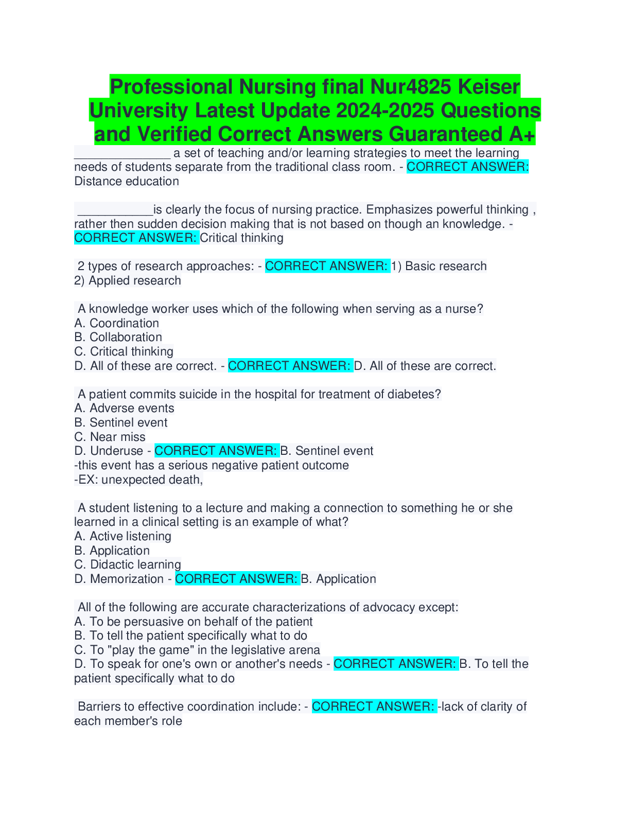 Recommended document preview for Professional Nursing final Nur4825 Keiser University Latest Update 2024-2025 Questions and Verified Correct Answers Guaranteed A+