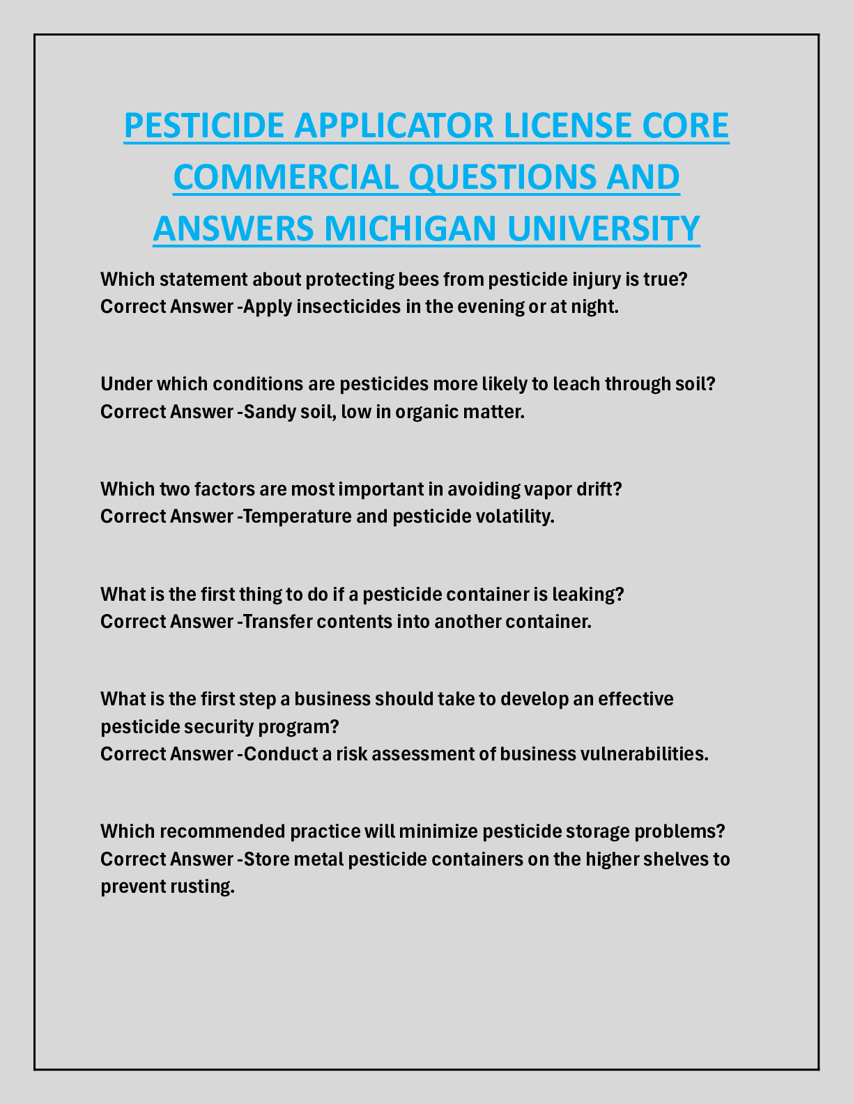 PESTICIDE APPLICATOR LICENSE CORE  COMMERCIAL QUESTIONS AND  ANSWERS MICHIGAN UNIVERSITY