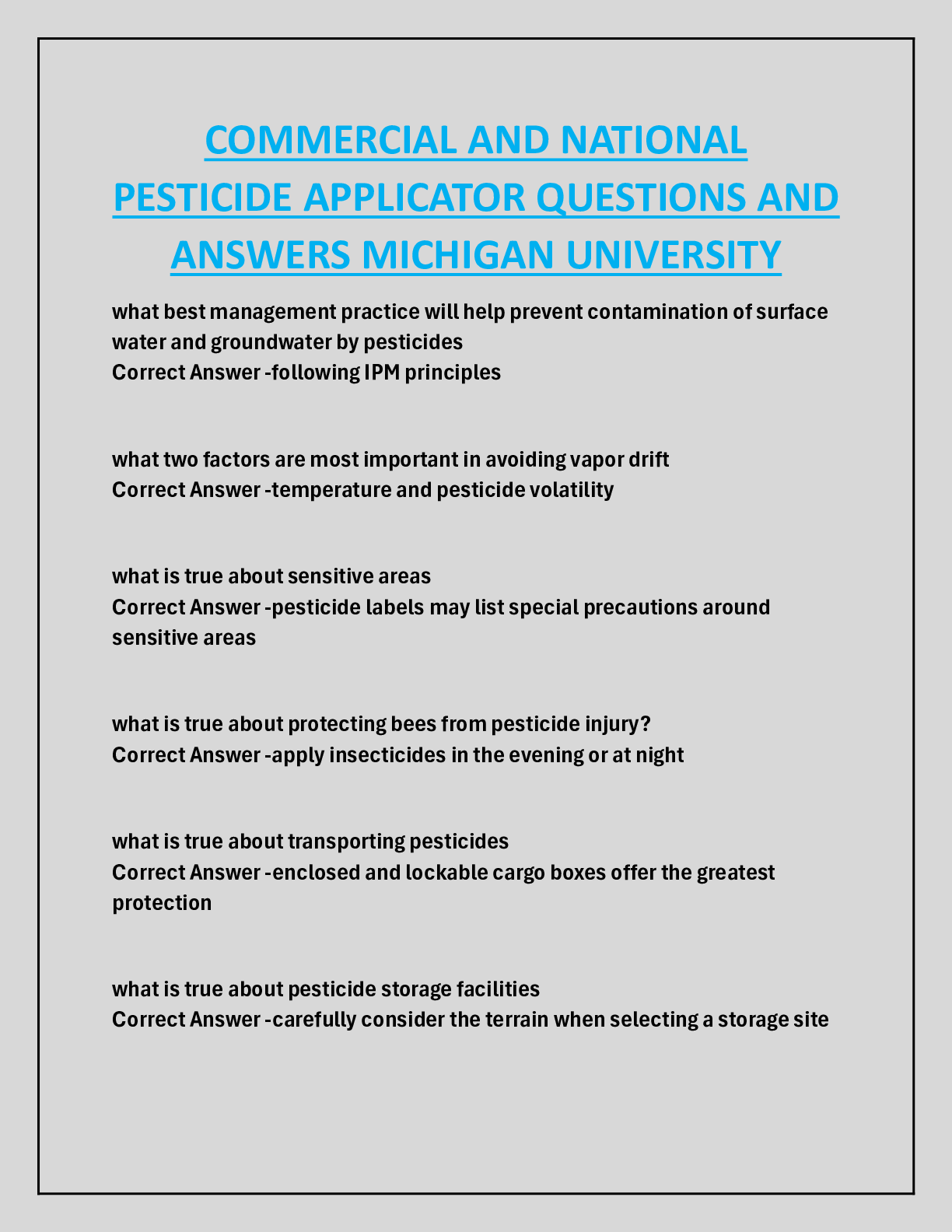 COMMERCIAL AND NATIONAL  PESTICIDE APPLICATOR QUESTIONS AND  ANSWERS MICHIGAN UNIVERSITY