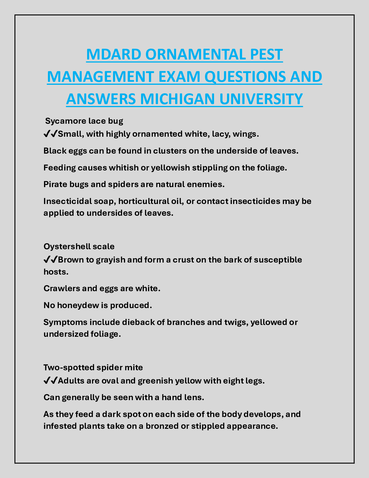 MDARD ORNAMENTAL PEST  MANAGEMENT EXAM QUESTIONS AND  ANSWERS MICHIGAN UNIVERSITY