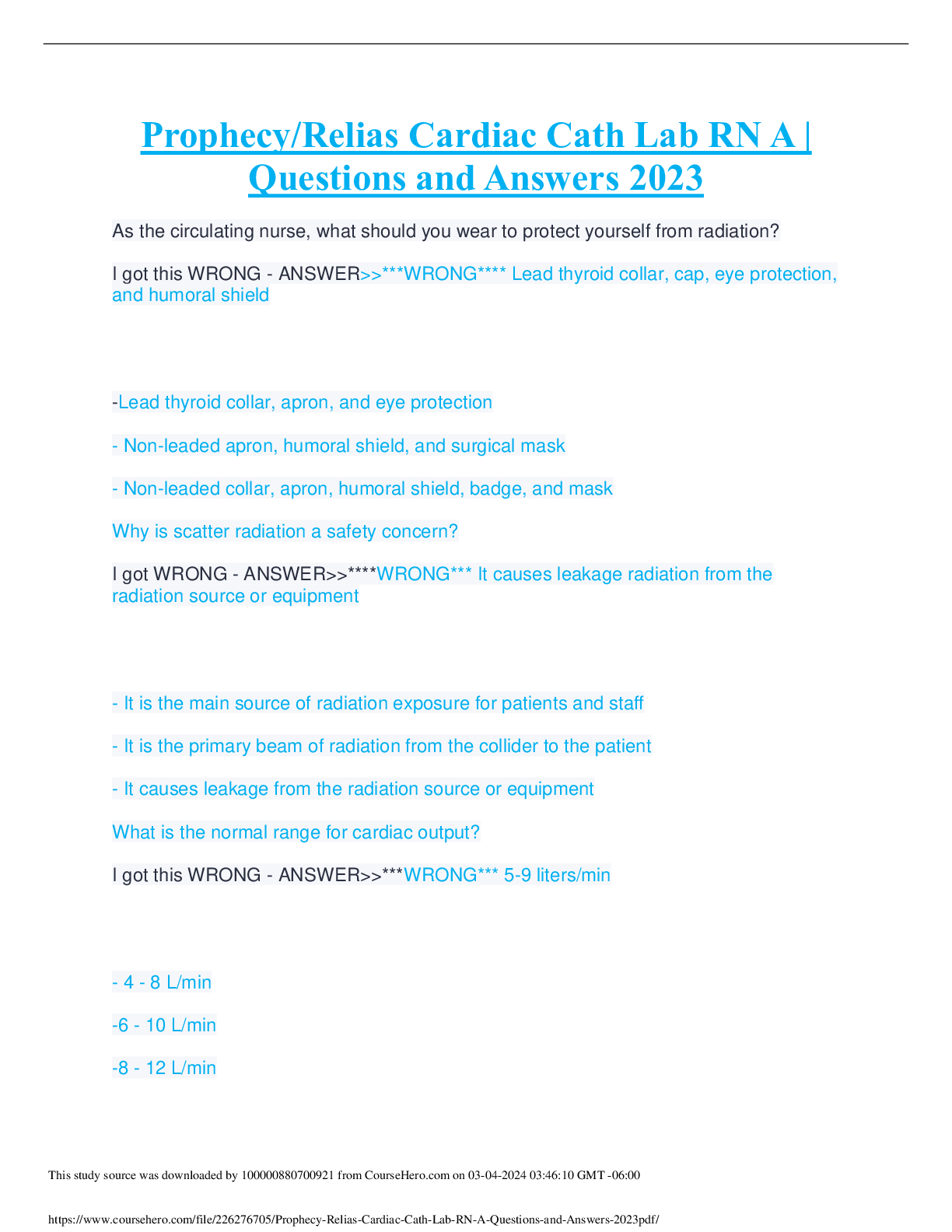 Preview of ProphecyRelias Cardiac Cath Lab RN A  Questions and Answers 2023