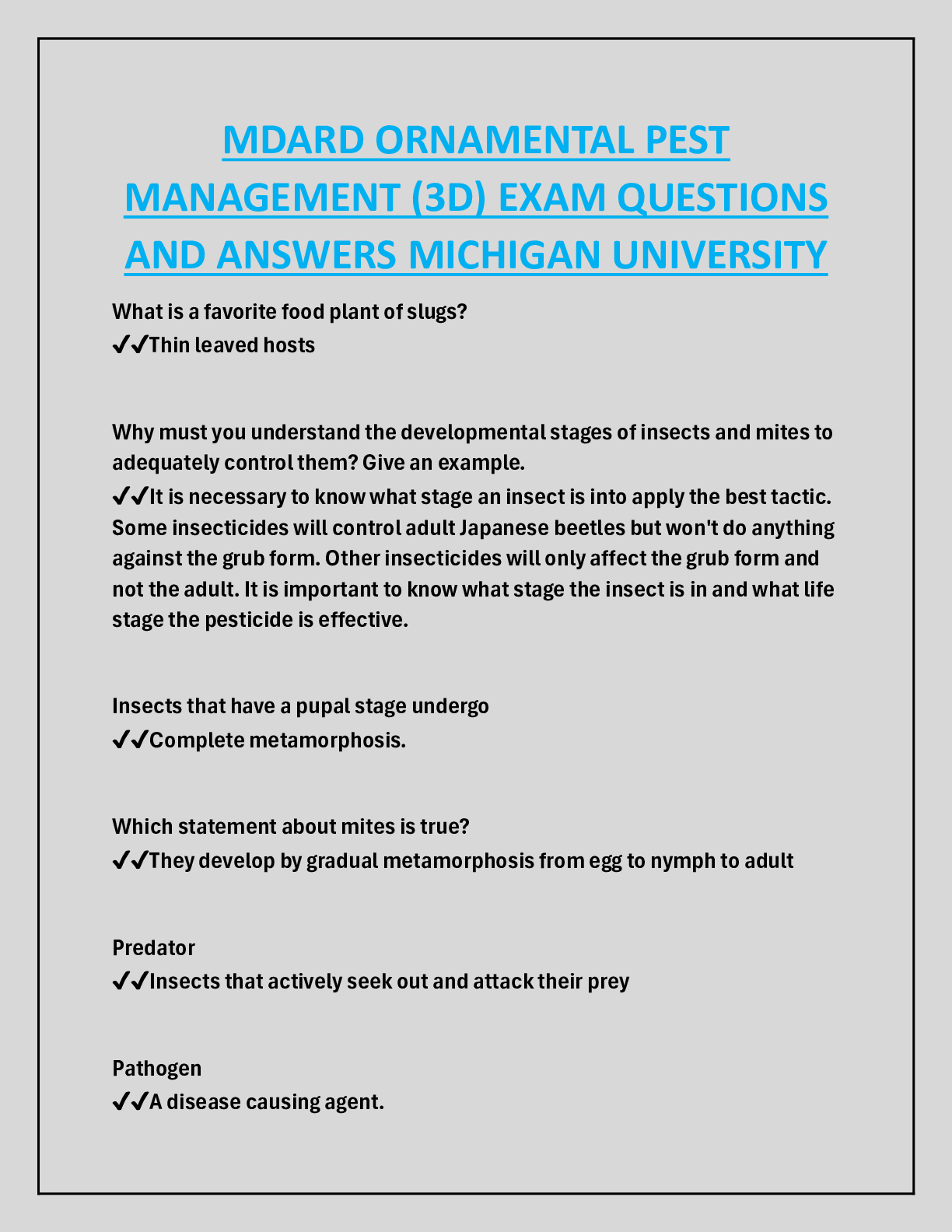 MDARD ORNAMENTAL PEST  MANAGEMENT (3D) EXAM QUESTIONS  AND ANSWERS MICHIGAN UNIVERSITY