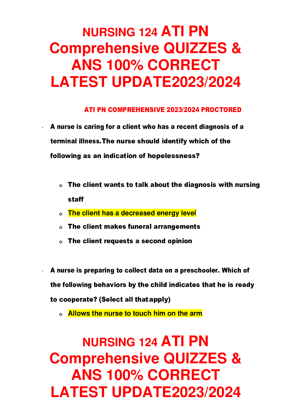 Preview of NURSING 124 ATI PN Comprehensive QUIZZES & ANS 100% CORRECT LATEST UPDATE20232024