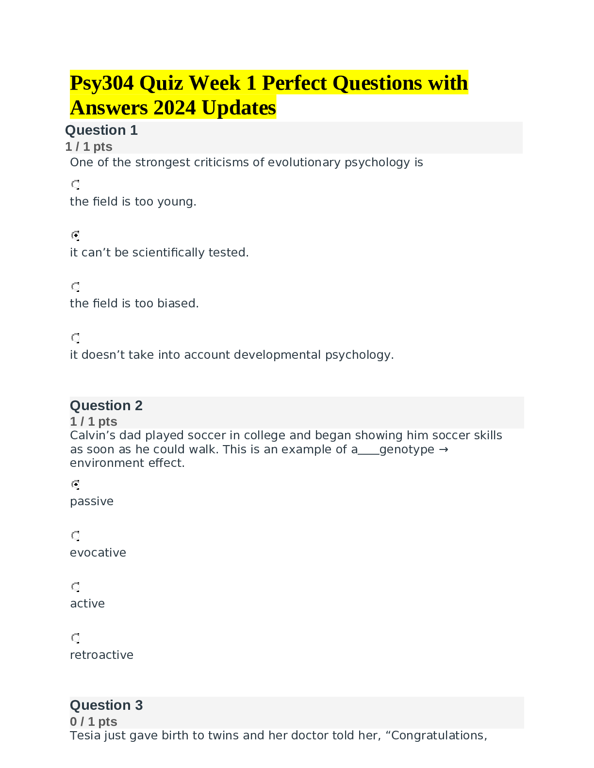 Preview of Psy304 Quiz Week 1 Perfect Questions with Answers 2024 Updates