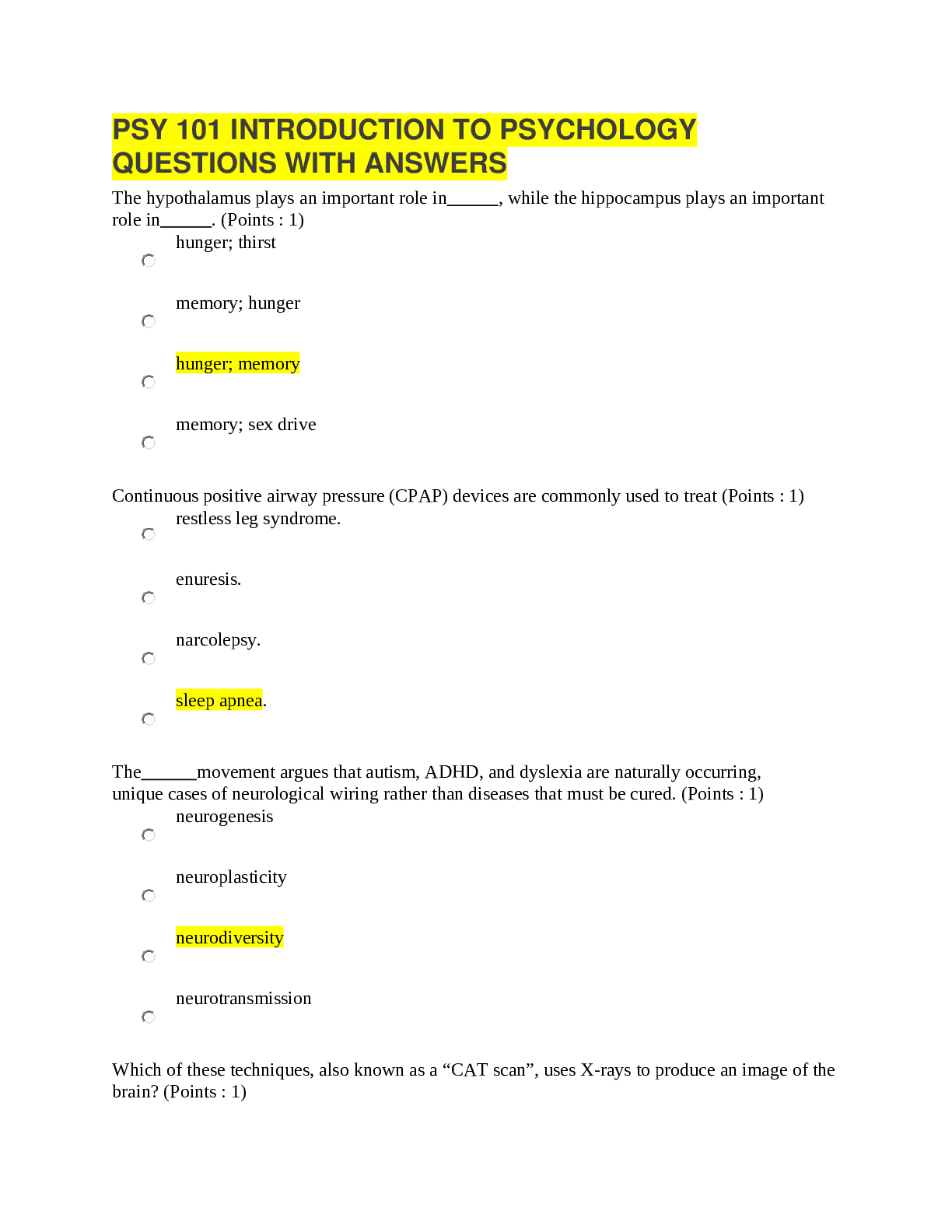 Preview of PSY 101 INTRODUCTION TO PSYCHOLOGY QUESTIONS WITH ANSWERS