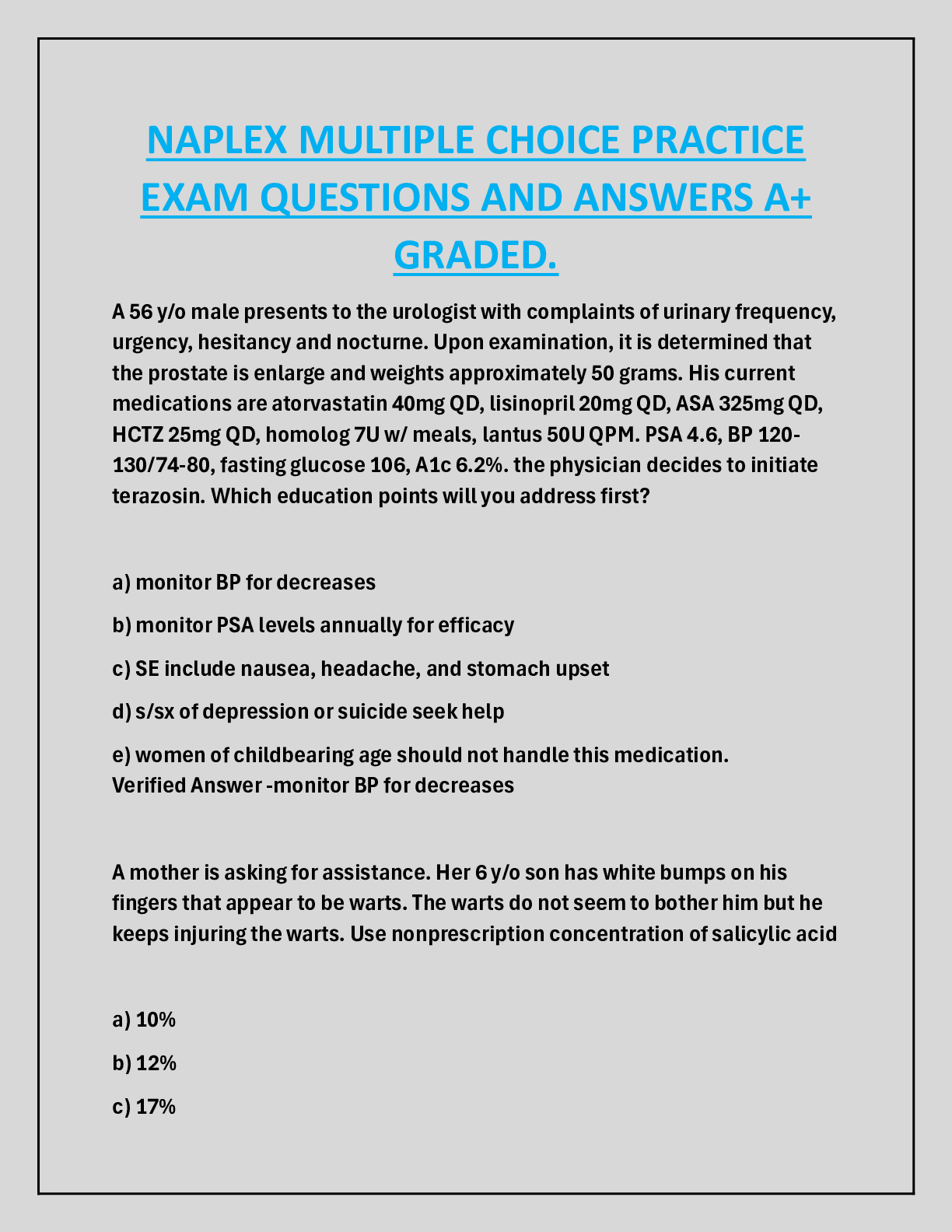 NAPLEX MULTIPLE CHOICE PRACTICE  EXAM QUESTIONS AND ANSWERS A+  GRADED.