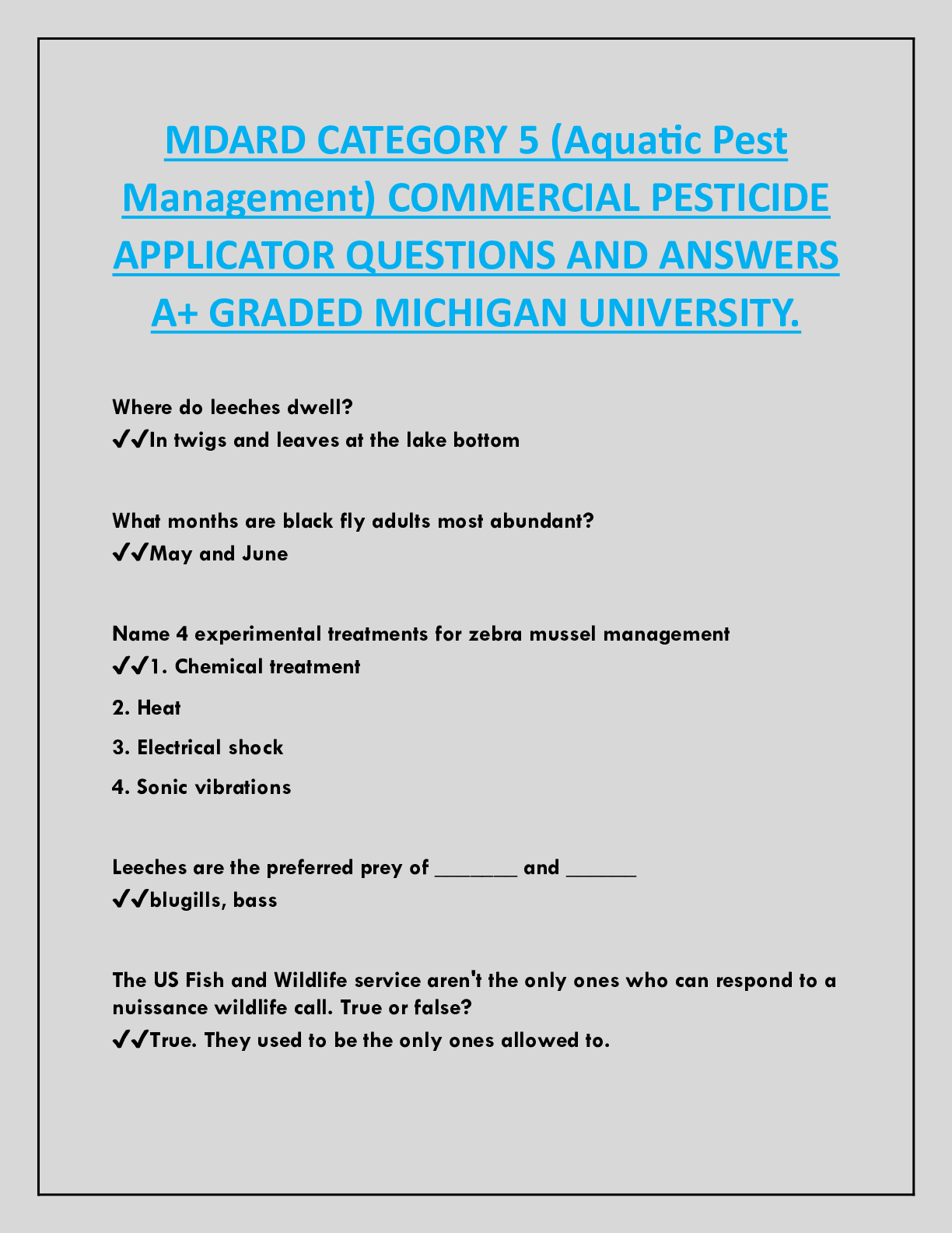 MDARD CATEGORY 5 (Aquatic Pest  Management) COMMERCIAL PESTICIDE  APPLICATOR QUESTIONS AND ANSWERS  A+ GRADED MICHIGAN UNIVERSITY