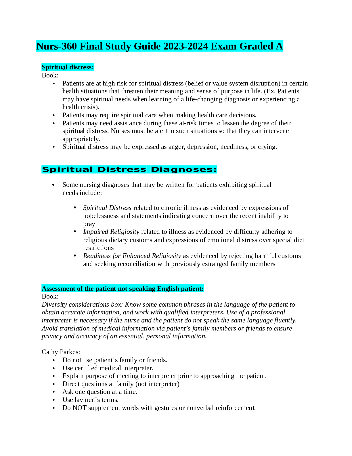 Preview of Nurs-360 Final Study Guide 2023-2024 Exam Graded A